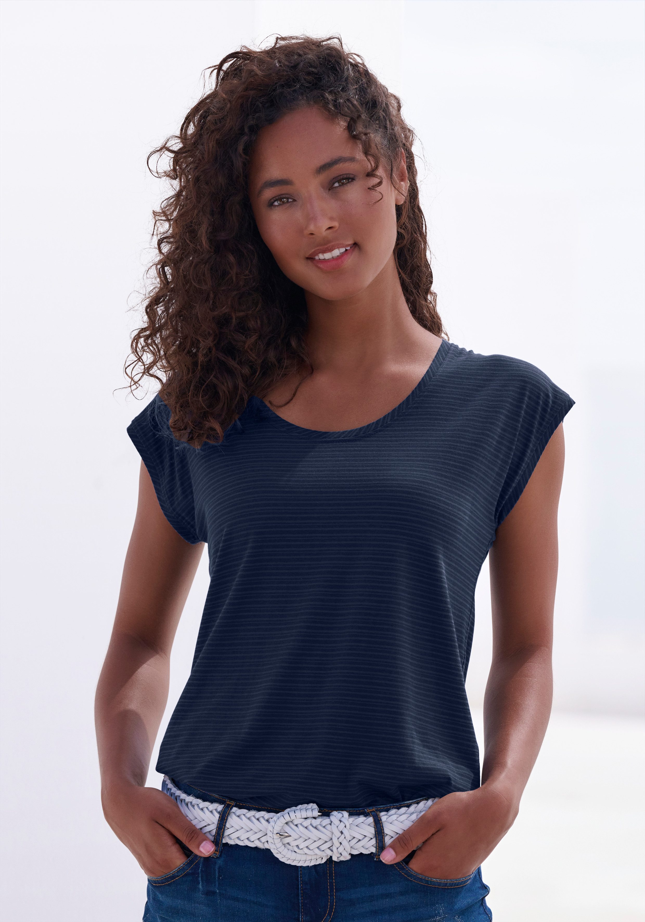 Beachtime Kurzarmshirt mit leicht transparenten Streifen aus weicher Baumwoll-Viskose-Qualität