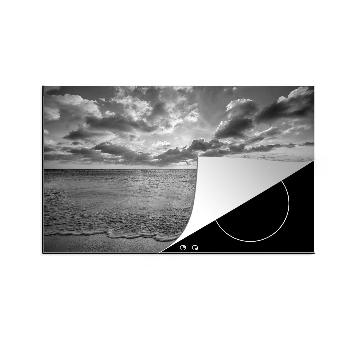 MuchoWow Herdblende-/Abdeckplatte Aruba - Strand - Schwarz - Weiß, Vinyl, (1 tlg), 81x52 cm, Induktionskochfeld Schutz für die küche, Ceranfeldabdeckung
