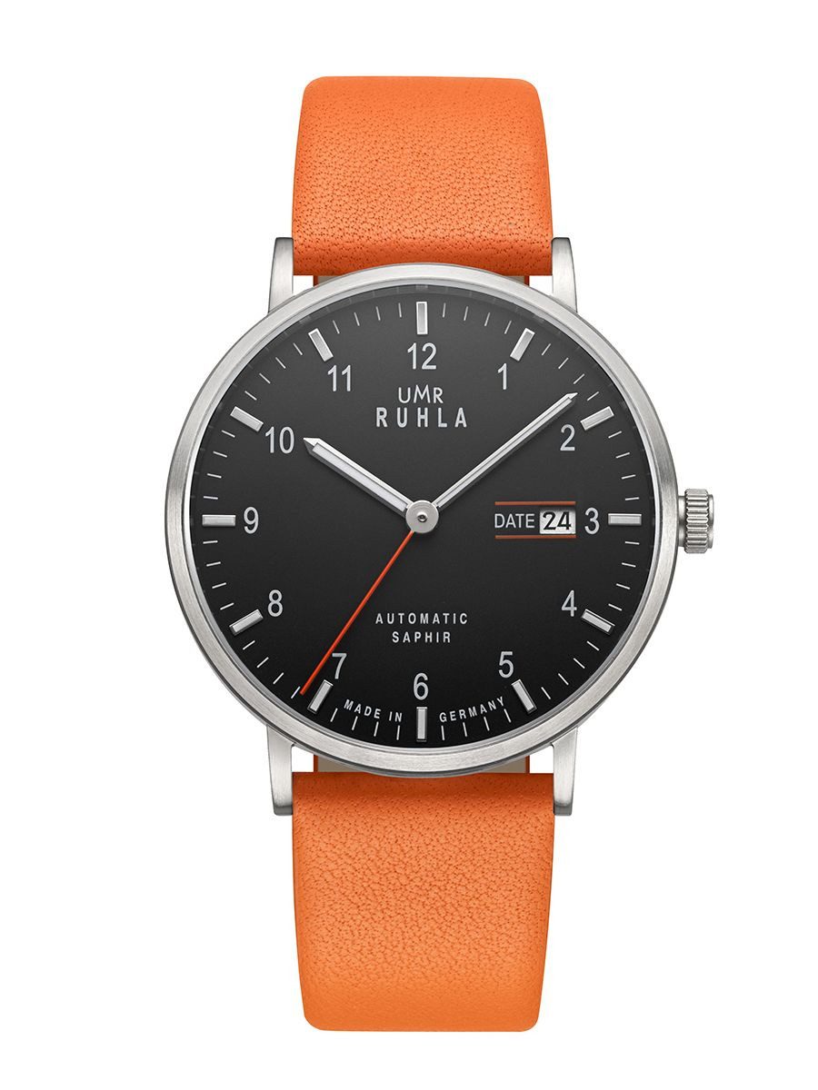 UMR Ruhla Automatikuhr Herrenuhr 80496 Schwarz Orange Lederband 39,5 mm