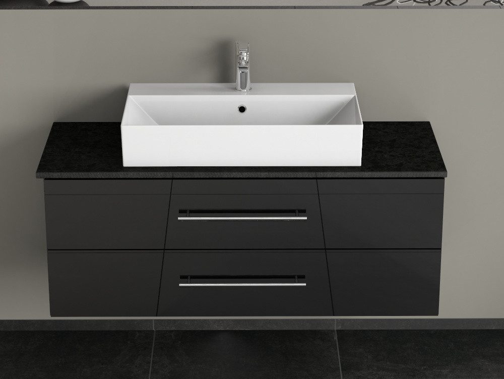 Aqua Bagno Badmöbel-Set Badmöbel-Set 120 cm Schwarz mit Keramik-Waschbecken & Steinplatte, (3-St)
