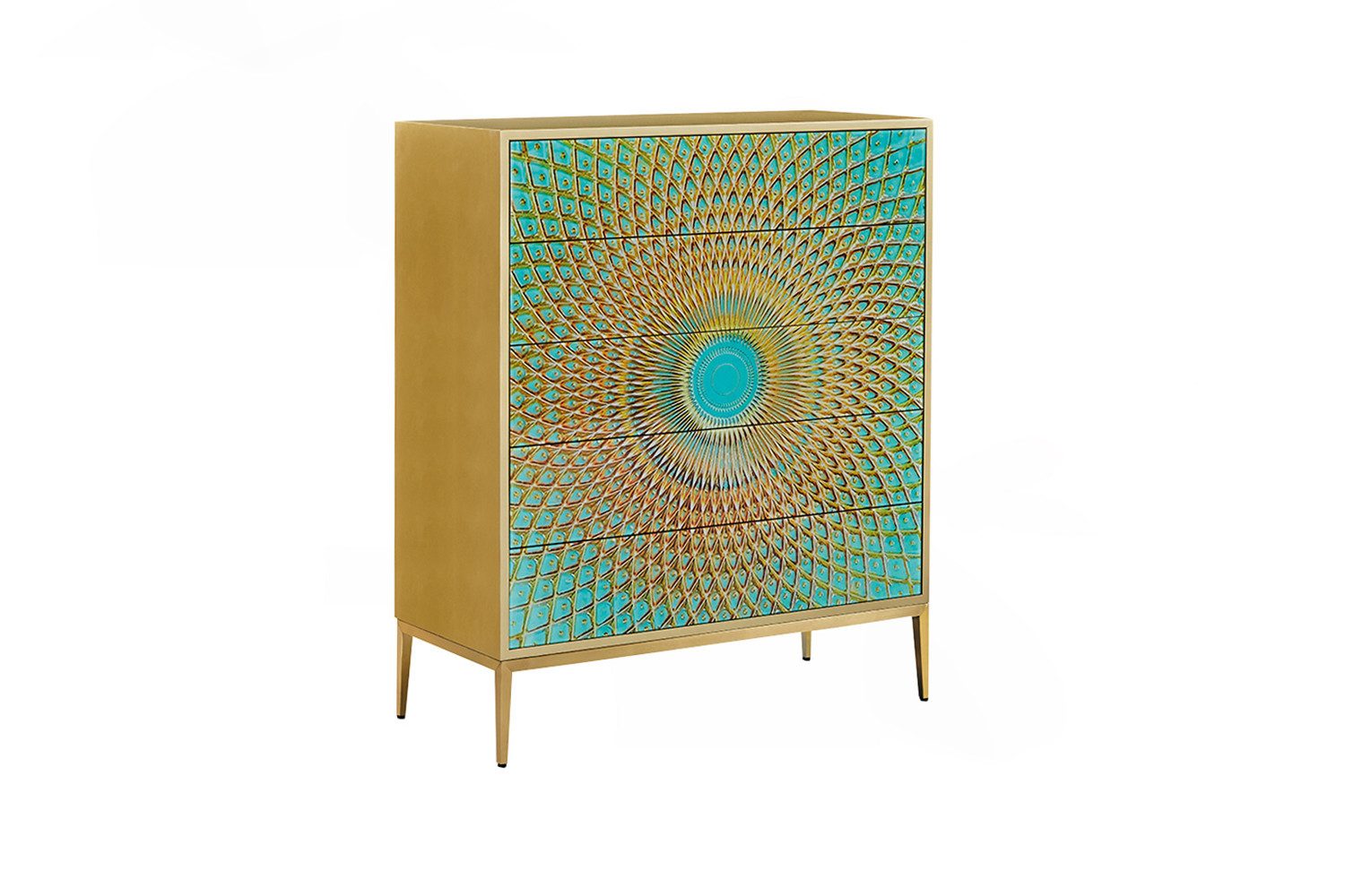 KAWOLA Highboard, 5 Schubladen Glas grün/gold 100/120/40 cm (B/H/T)