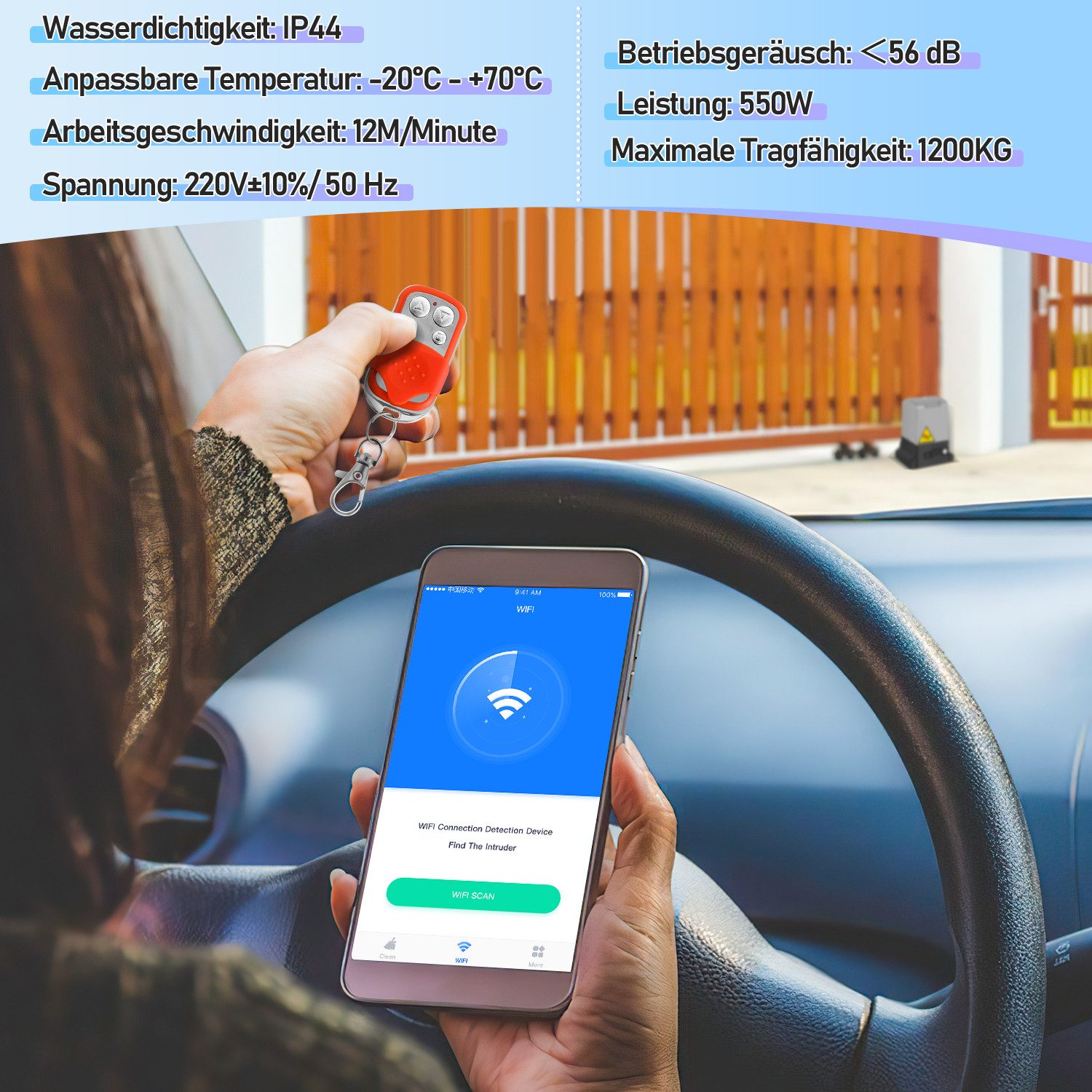 Clanmacy Schiebetorantrieb 550W Torantrieb Toröffner Motor 1200kg Schiebetor APP Komplett-Set, mit Gleitschiene, (IP44 wasserdicht, mit 2 orangen Schlüssel und 1 Fernbedienung), Betriebene Türen Eisenwaren