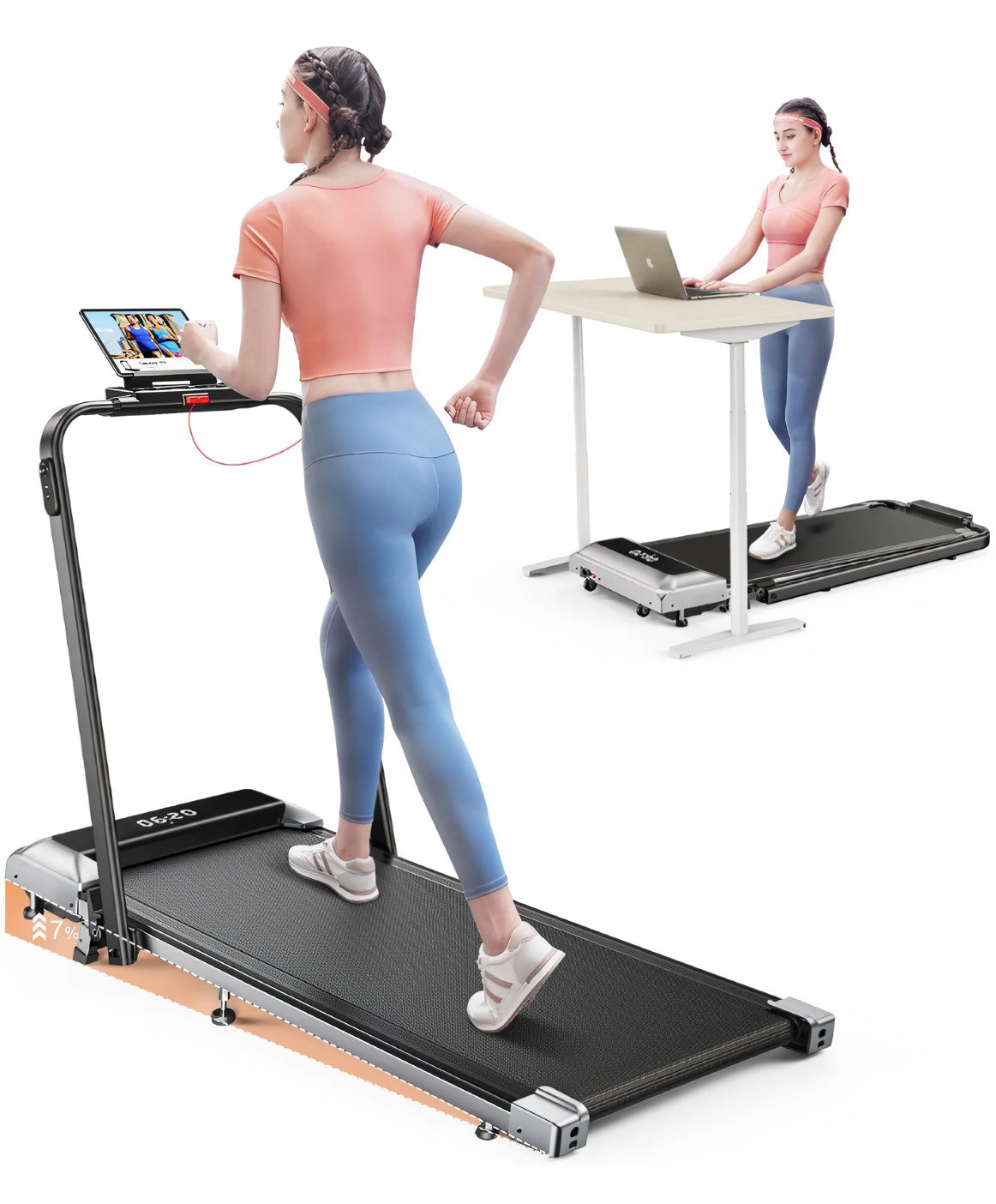 Laresar Laufband 7% Neigung, LED-Display, Fernbedienung mit Pause, App-kompatibel,Intelligente Vernetzung,Platzsparendes Design