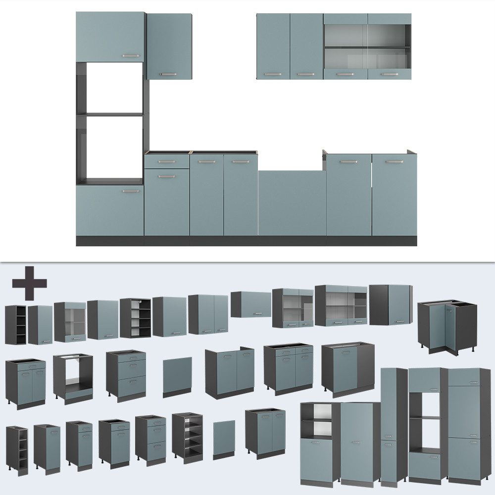 Vicco Küchenzeile R-Line, Blau-Grau/Anthrazit, 300cm mit Hochschrank ohne Arbeitsplatte
