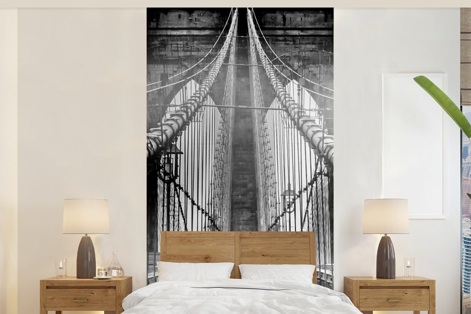 MuchoWow Fototapete Brooklyn Bridge während Fototapete des und für Regens Schlafzimmer bedruckt, Küche, Vliestapete St), Schwarz Wohnzimmer Matt, in (2 Weiß