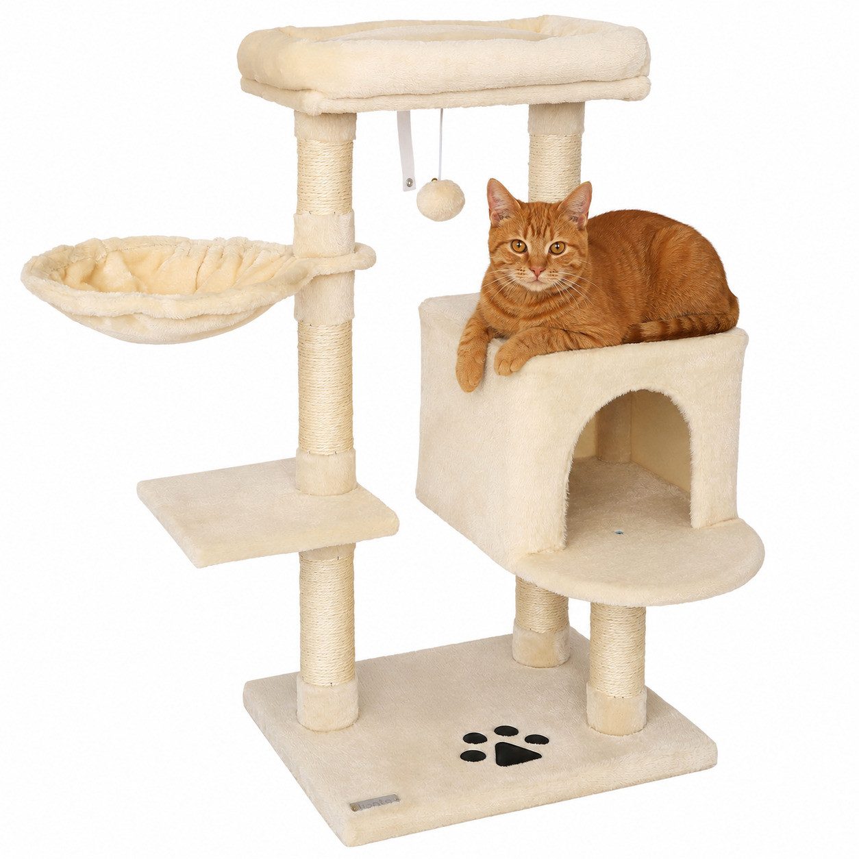 lionto Kratzbaum 93 cm mit Höhle, Liegemulde, Spielball & Sisalstämmen, beige, kompakter Katzenbaum mit Wandhalterung, für Katzen jeden Alters