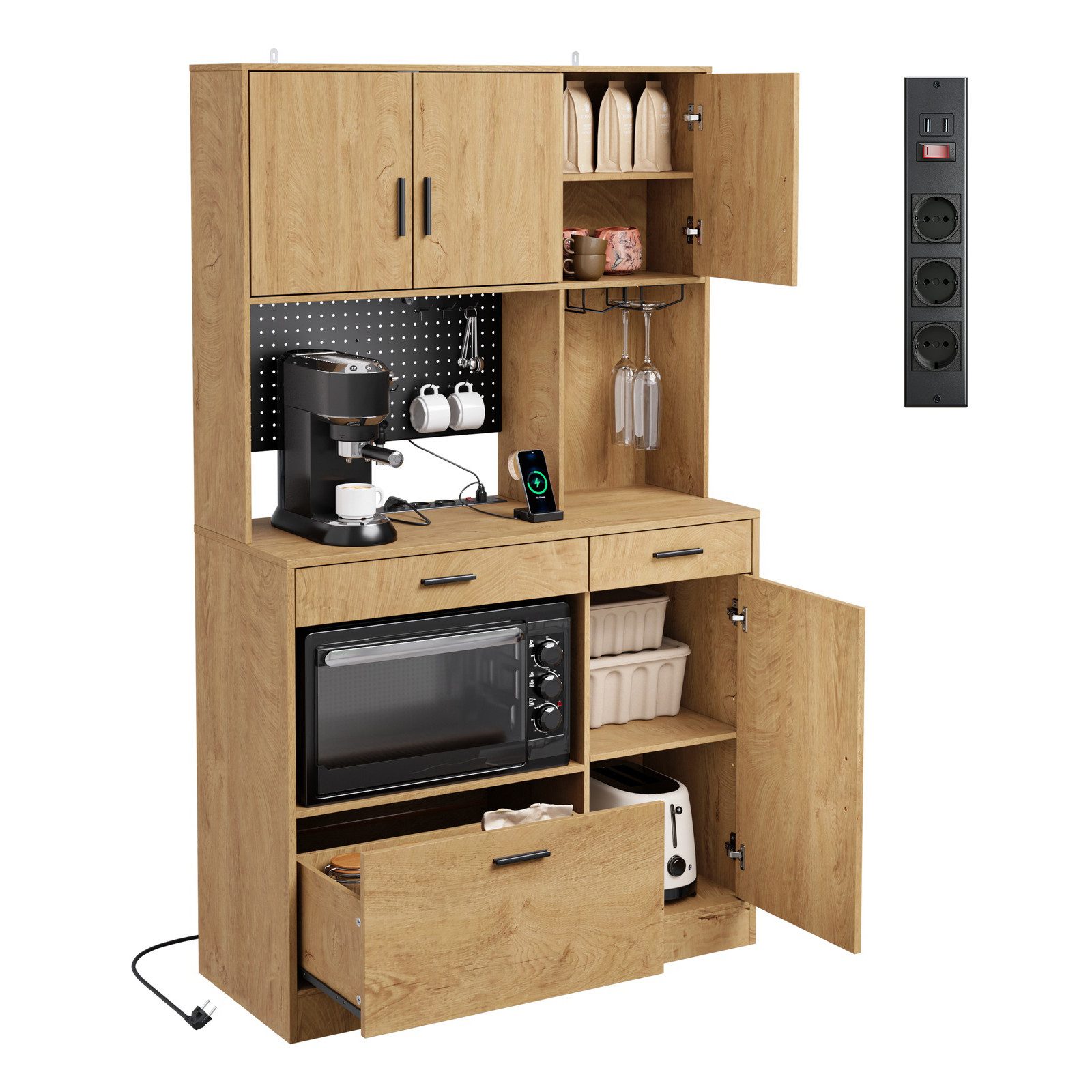 SoBuy Küchenbuffet FSB98-L-E, Hochschrank Küchenschrank Buffetschrank mit LED, Steckdose (1er Set) Sideboard mit 4 Türen, 3 Schubladen, USB-Anschluss, Pegboard für Küche