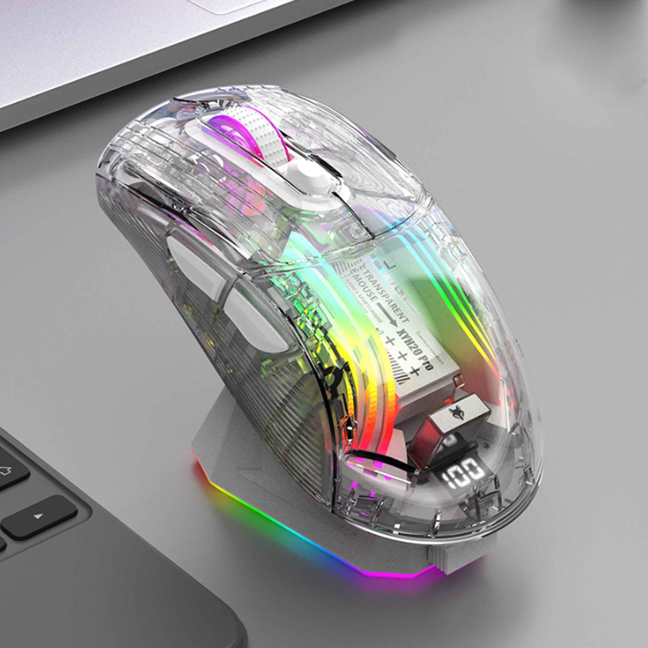 Diida Tri-Mode-Gaming-Maus mit transparentem Gehäuse und RGB-Beleuchtung Gaming-Maus (5 DPI-Geschwindigkeiten, 500mA-Akku, leise Tasten,ergonomisches Design)