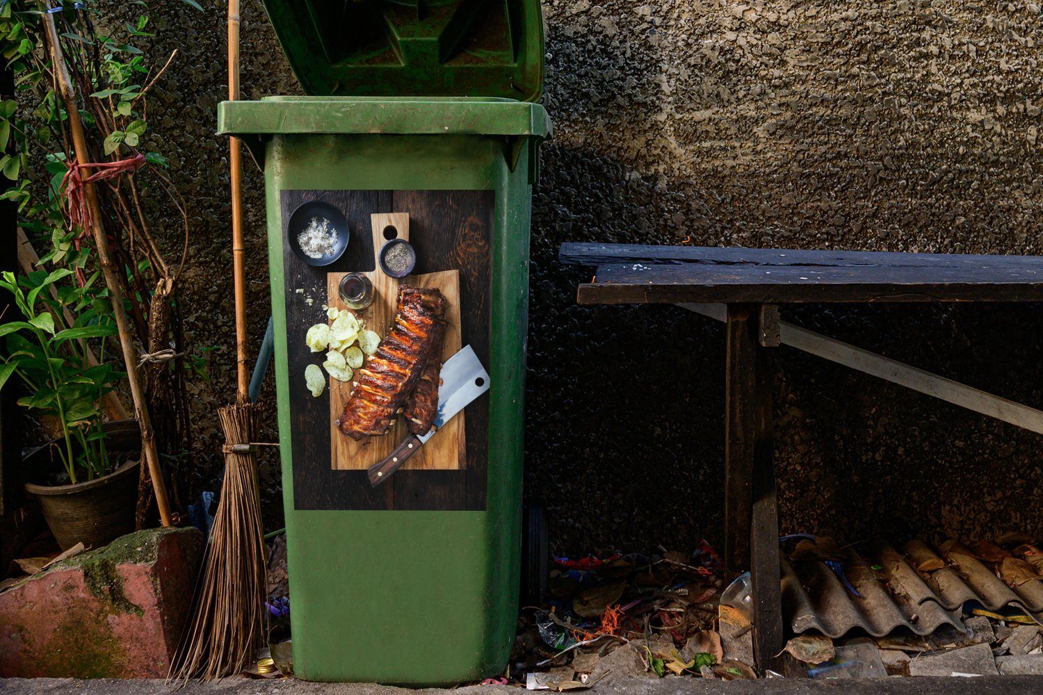 und Sticker, Container, Kombination Eine Wandsticker Mülleimer-aufkleber, Pommes Abfalbehälter Spareribs Mülltonne, frites besondere aus MuchoWow (1 St),