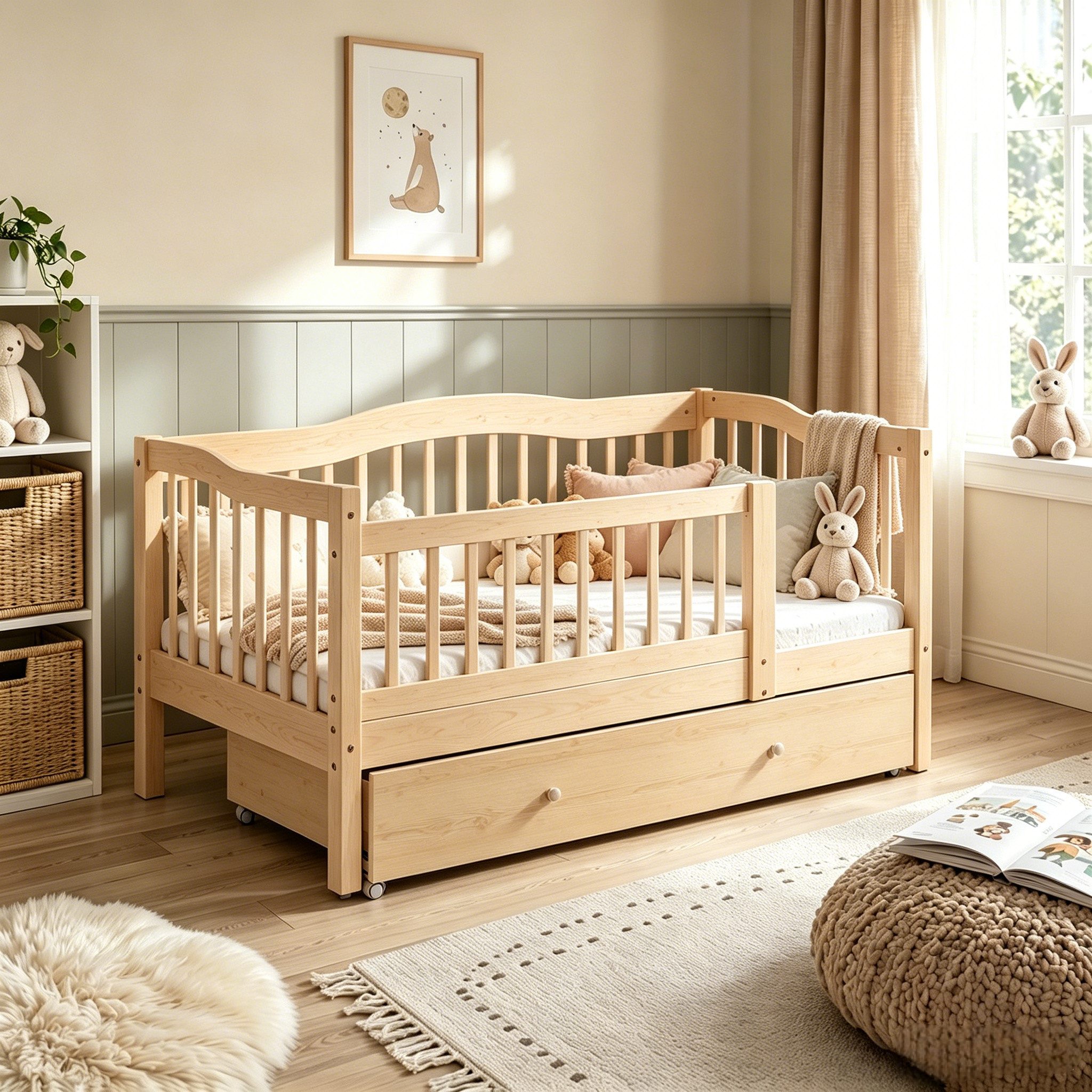 LEADZM Kinderbett mit Schubladen 70x140 / 80x160 / 90x200cm, Hausbett mit Lattenrost, Bodenbett mit Stauraum und Abnehmbarer Barriere, Naturbelassen