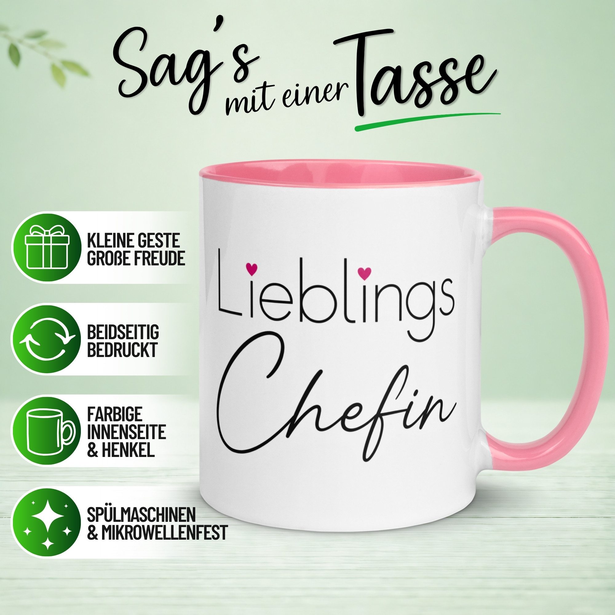 Momentals Tasse Chefin – „Lieblingschefin mit Herz“ – Geschenk Becher Beste Chefin, Gratis Versand · Links-&Rechtshänder · Spülmaschinenfest
