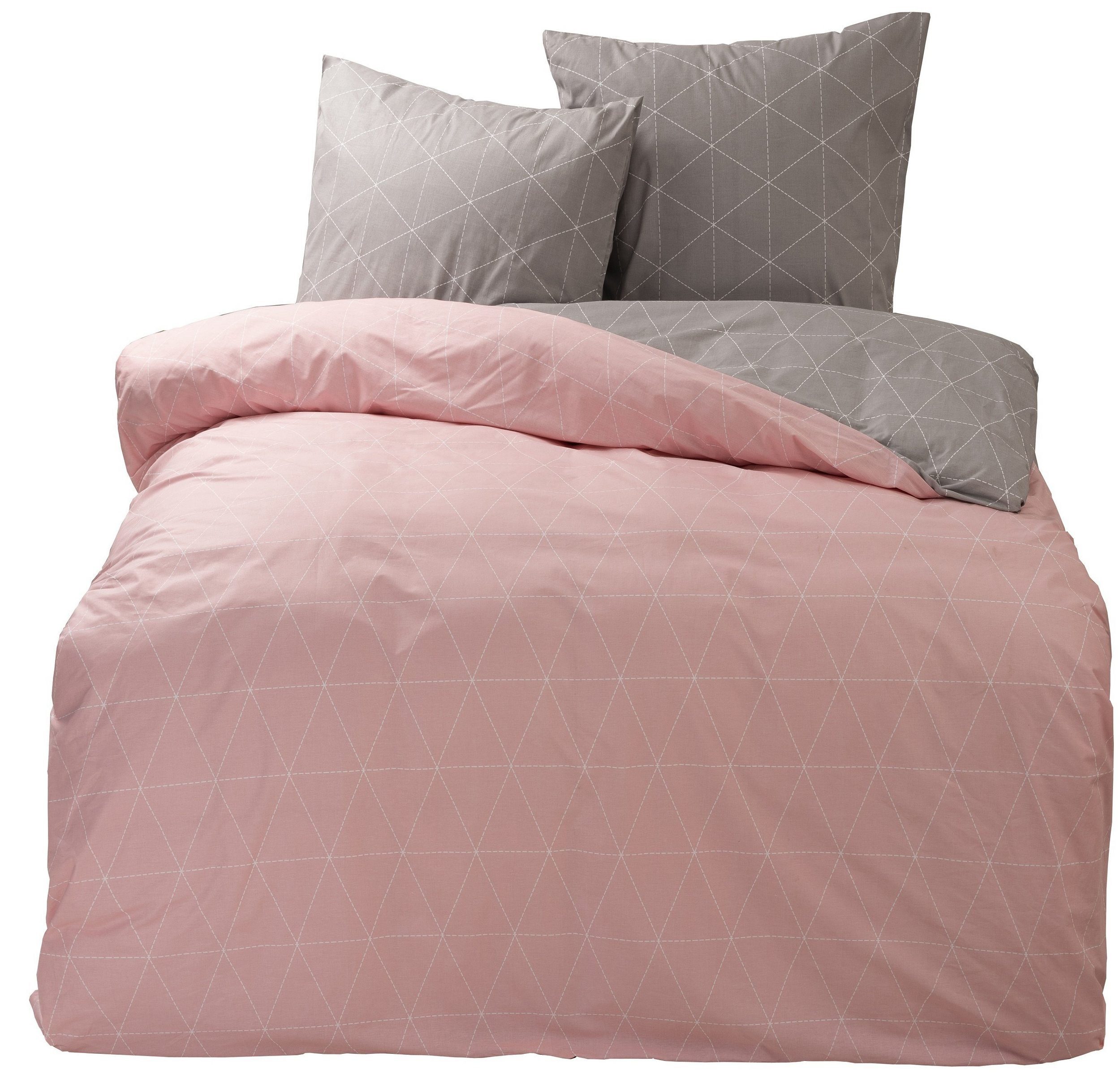 Bettwäsche Raute grau / rosa, One Home, Renforcé, 4 teilig, Geometrisch und modern, Baumwolle Übergröße