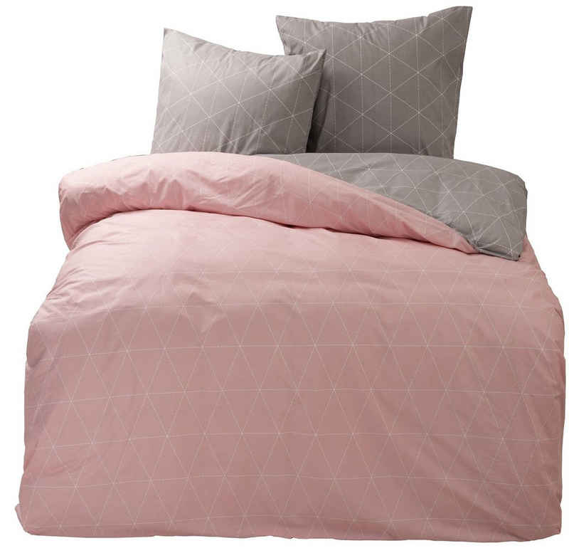 Bettwäsche Raute grau / rosa, One Home, Renforcé, 3 teilig, Geometrisch und modern, Baumwolle Doppelbett
