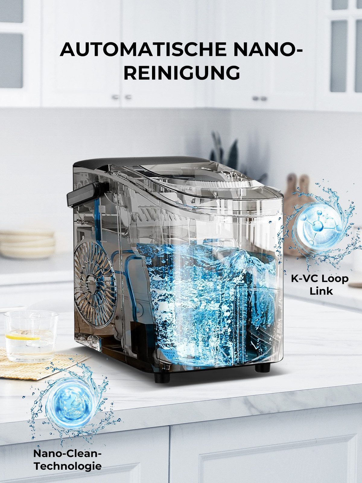 FOHERE Eiswürfelmaschine Eiswürfel in 5 Minuten, Selbstreinigender Mini Eiswürfelbereiter, 14KG in 24 Stunden, 2 Eiswürfel Größen für Küche, Büro, Bar und Party