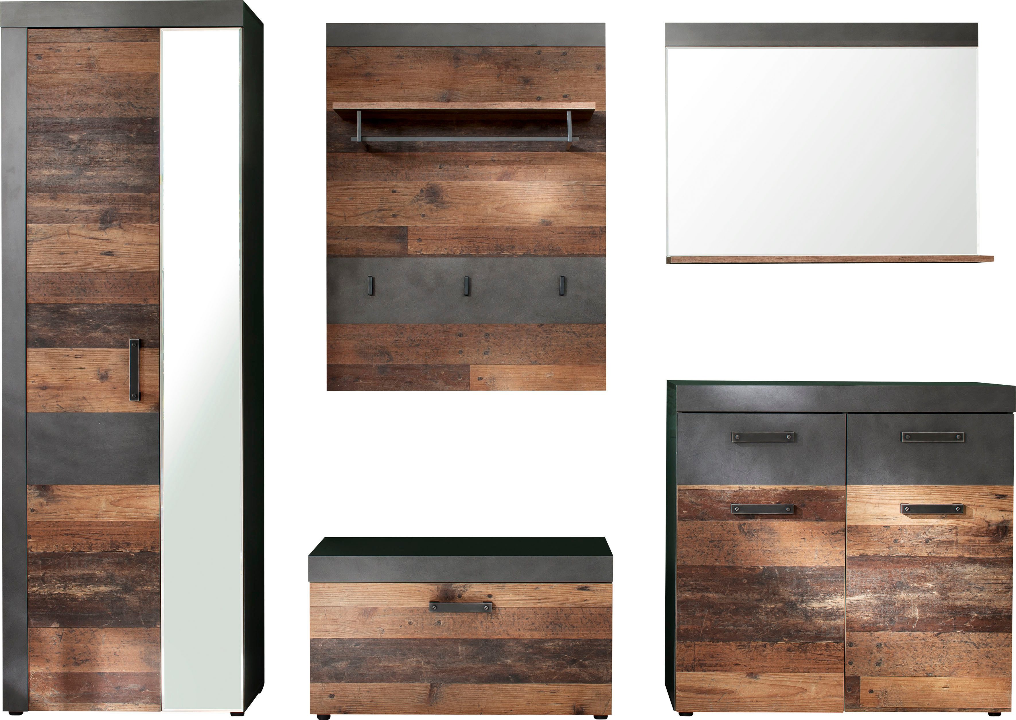 Home affaire Garderoben-Set Ilana, (Set, 5-St), Garderobenmöbel im modernen Industrial Style mit antikfarbenen Griffen