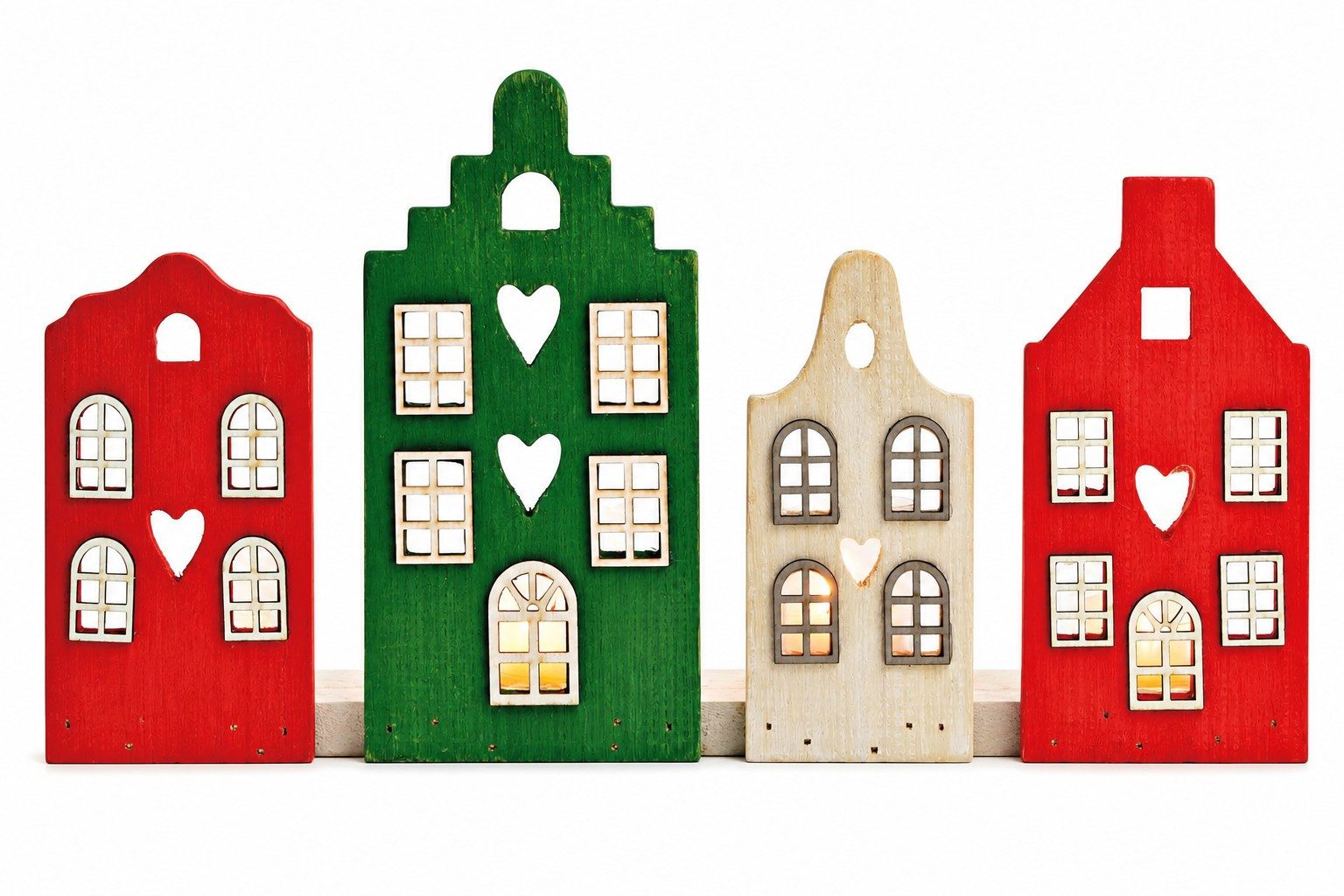 Wurm Teelichthalter Teelichthalter Winterdorf aus Holz 4 Häuser Rot Grün Creme 37 cm