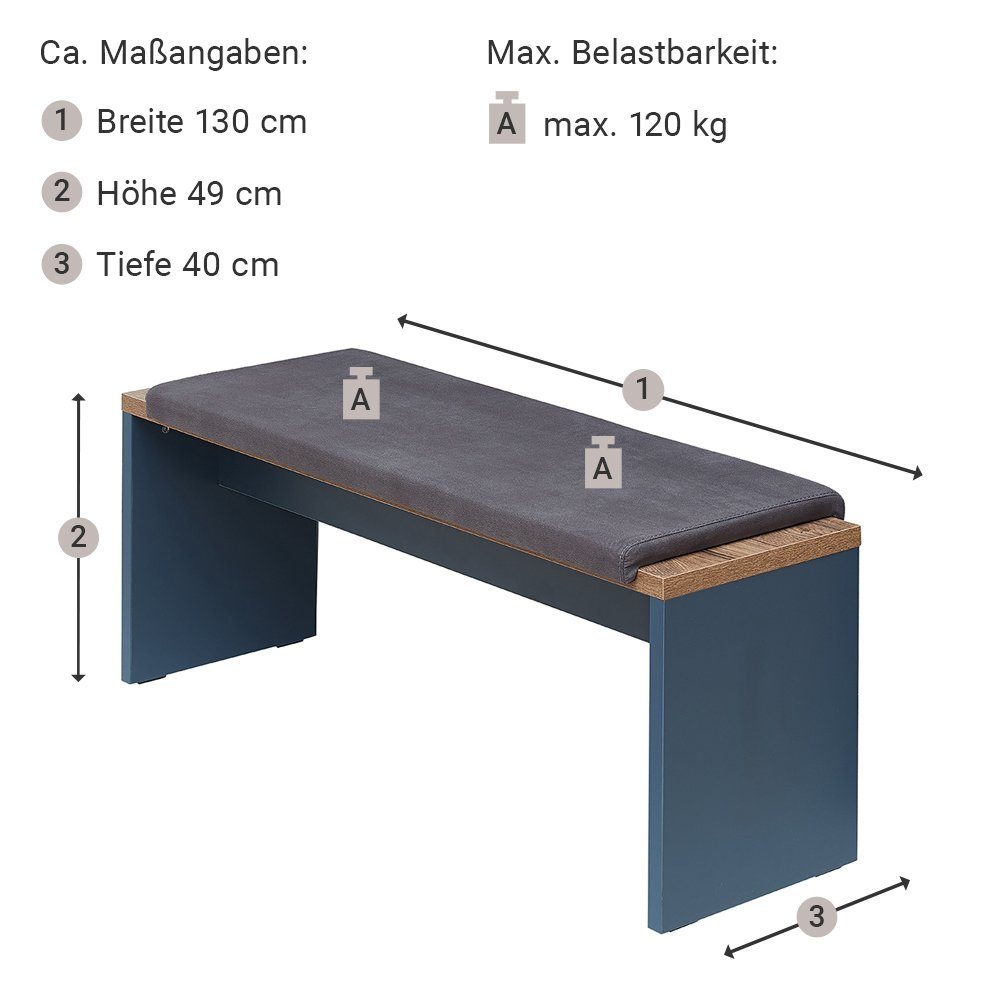 Eiche DEVON-36, cm Lomadox mit Sitzbank Nb. in Esszimmer blau 130 gepolstert,