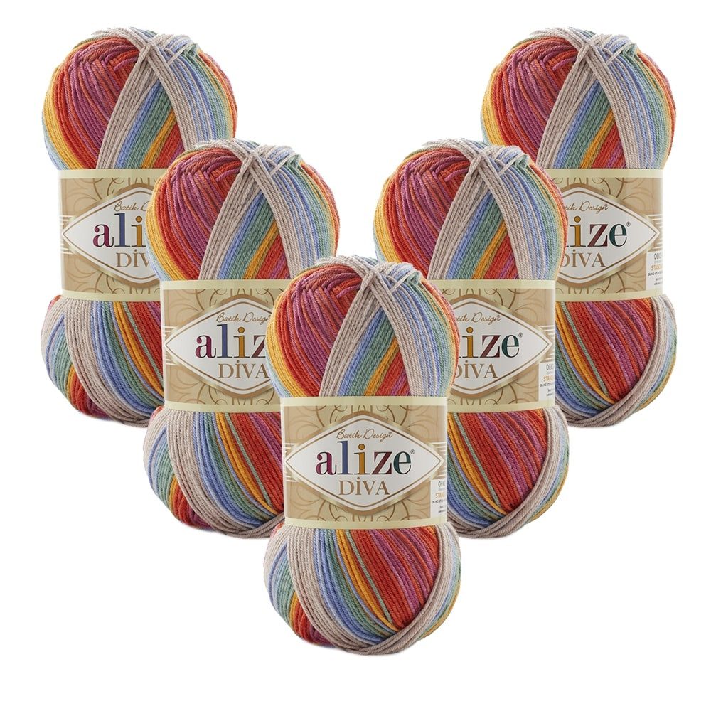 Alize 5 x ALIZE Diva Batik 3242 Häkelwolle, 350 m, Häkelgarn,Seideneffekt,Handstrickgarn