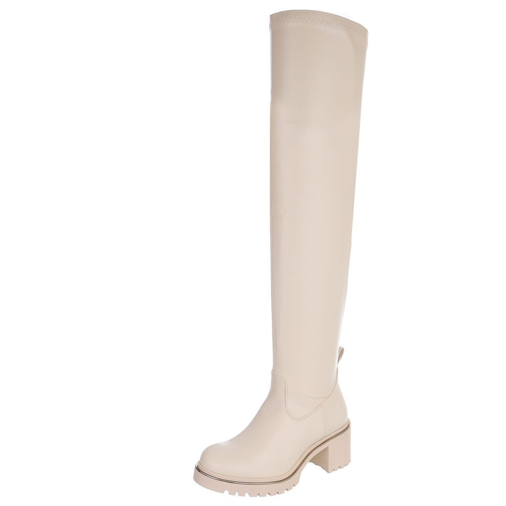 Ital-Design Kniehohe Stiefel mit Blockabsatz für Damen Overkneestiefel (91154540) Blockabsatz Stiefel in Beige