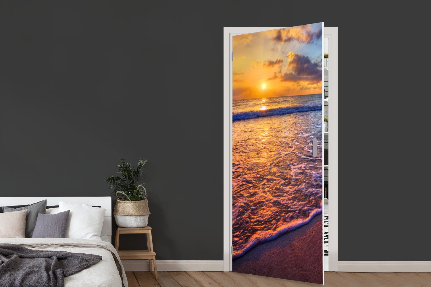 St), für - - MuchoWow Matt, Sonnenuntergang - Türaufkleber, Horizont, cm 75x205 (1 Strand bedruckt, Meer Fototapete Tür, Wolken - Türtapete