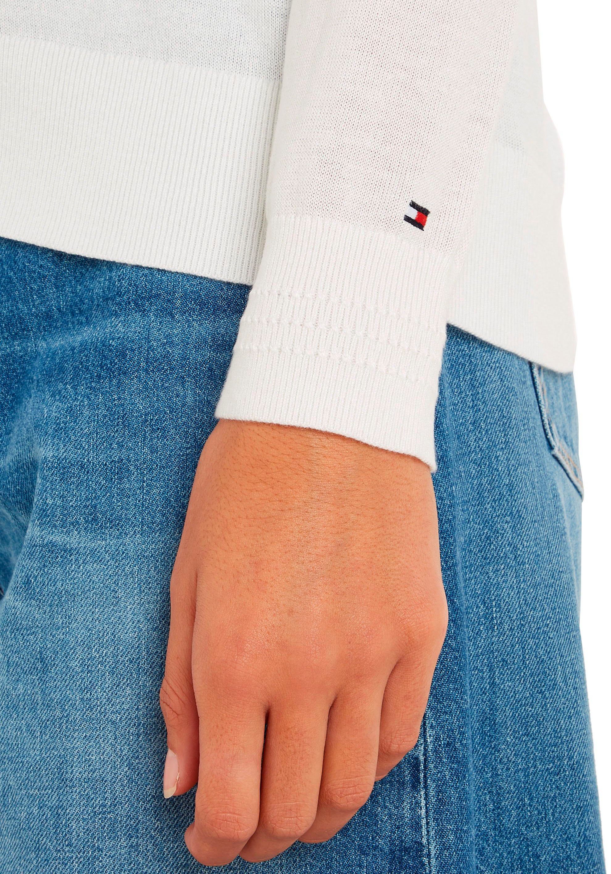 Tommy Hilfiger V-Ausschnitt-Pullover CO JERSEY STITCH V-NK SWEATER Kontrastfarbene Streifen im Ausschnitt und Logo Stickerei am Ärmel