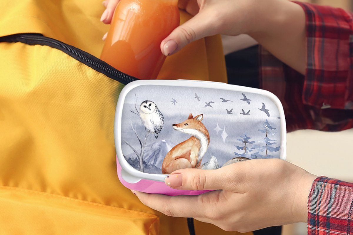 Kinder, Winter Mädchen, rosa Brotbox Snackbox, - - Kunststoff (2-tlg), Hirsch Brotdose für Kunststoff, Eule Lunchbox - Fuchs, Erwachsene, MuchoWow