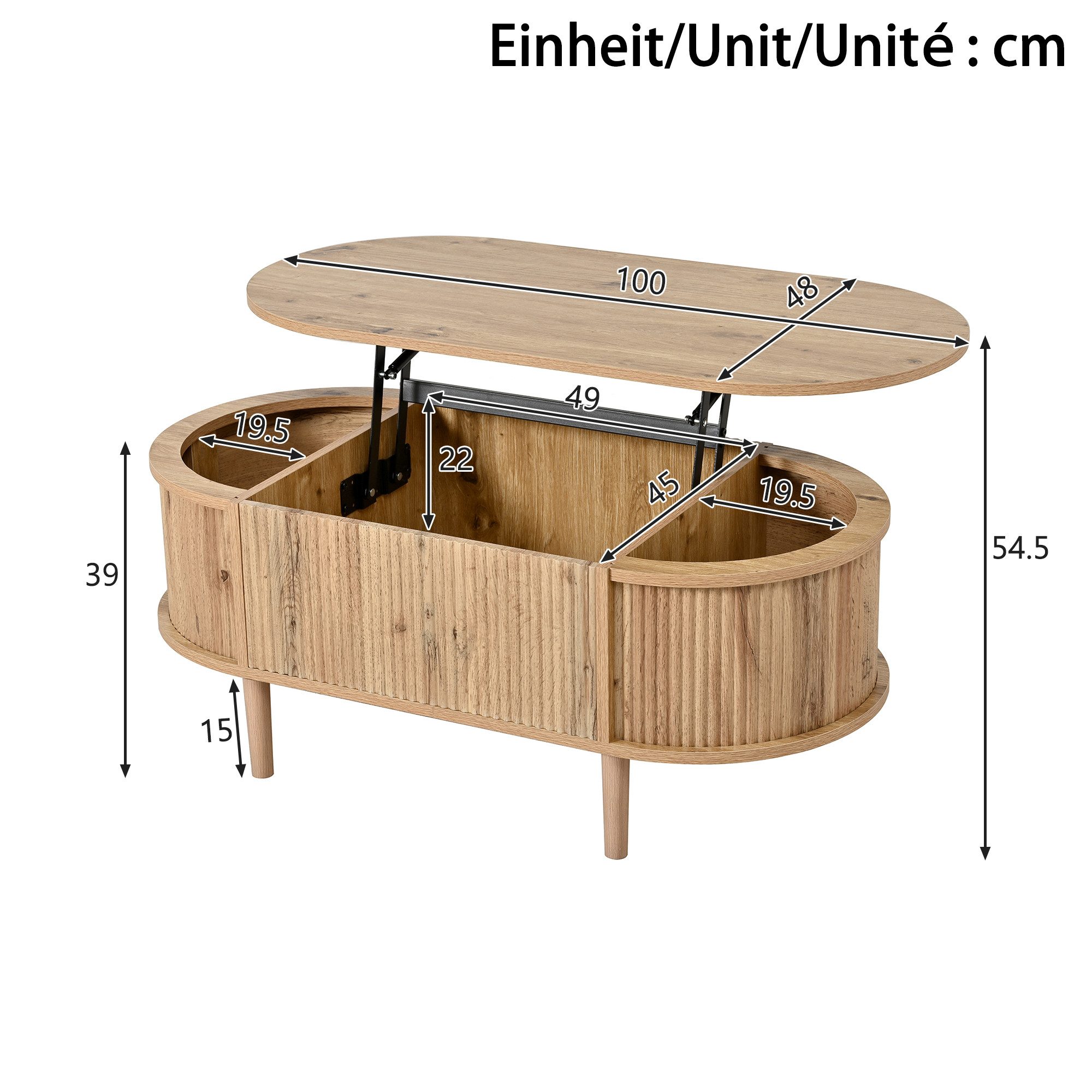 Merax Couchtisch anhebbarer Sofatisch oval Beistelltisch mit Liftfunktion & Holzoptik (100 x 48 x 54,5 cm, 1-St), Wohnzimmertisch mit verstecktem Stauraum, 3 Ab – Bild 5 von 5
