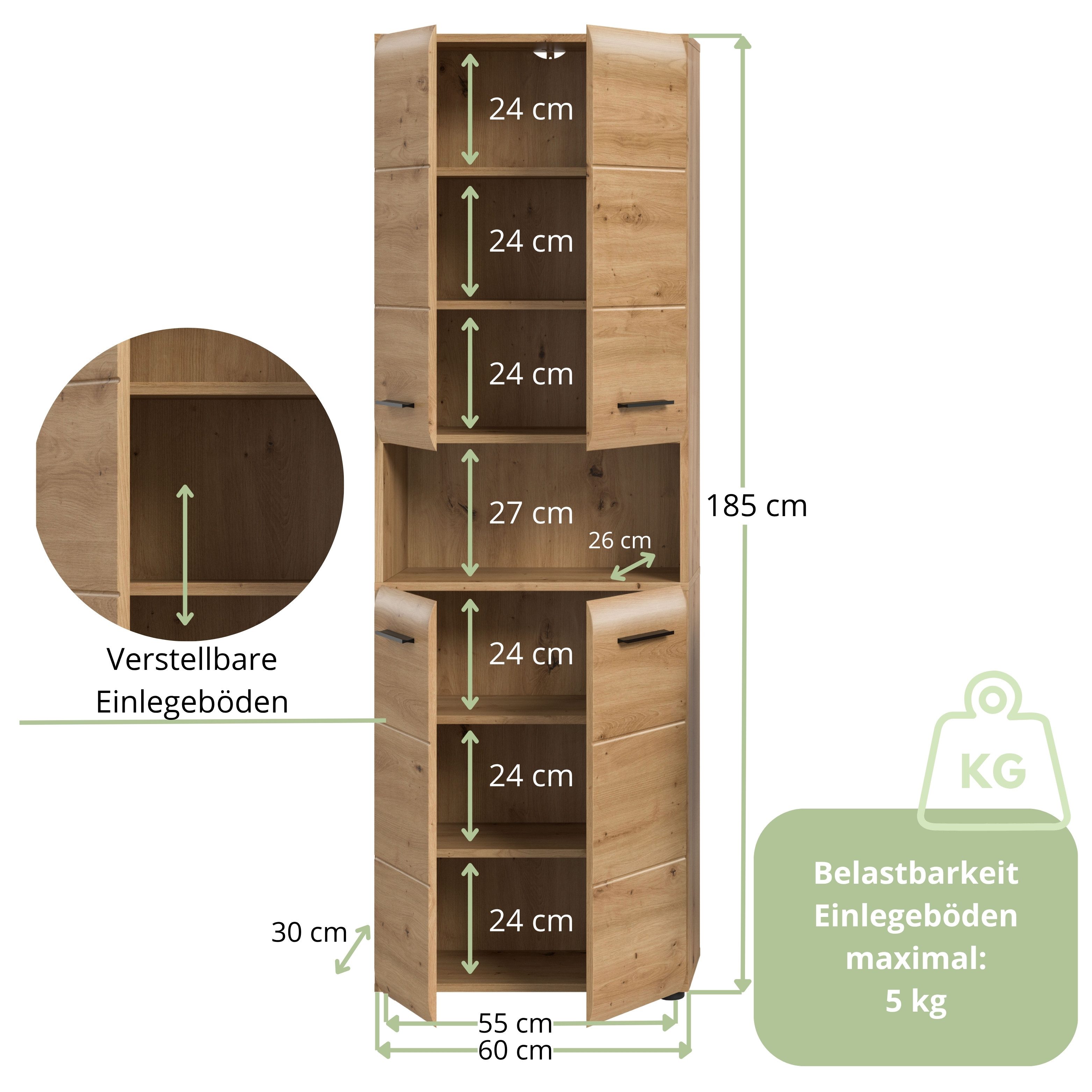 furnling Stauraumschrank Ivy - moderner Badschrank mit 4 Türen, 4 Einlegeböden, viel Stauraum offenes Fach, pflegeleichte MDF Front, Hochschrank, Artisan Oak – Bild 3 von 5