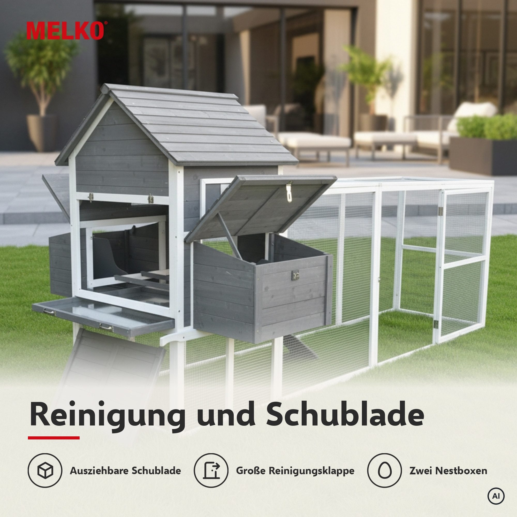 Melko Hühnerstall Geflügelstall Hühnervoliere Hühnerhaus Hühner Freilaufgehege, 2 Nestboxen mit insgesamt 4 Legenestern, XXL Freilaufgehege – Bild 5 von 5