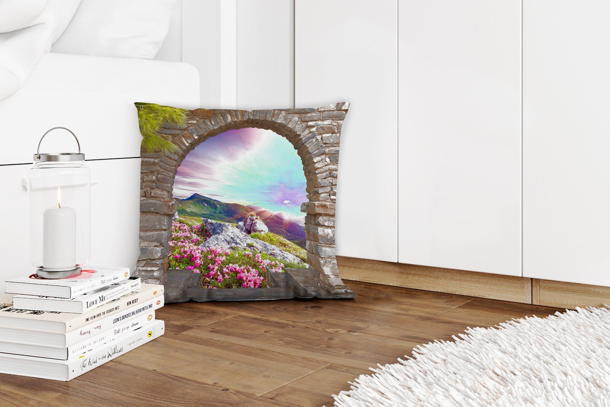 Berg, Zierkissen Landschaft - - Schlafzimmer, für Deko, MuchoWow mit Sofakissen Aussicht Dekokissen - Wohzimmer, Blumen Füllung