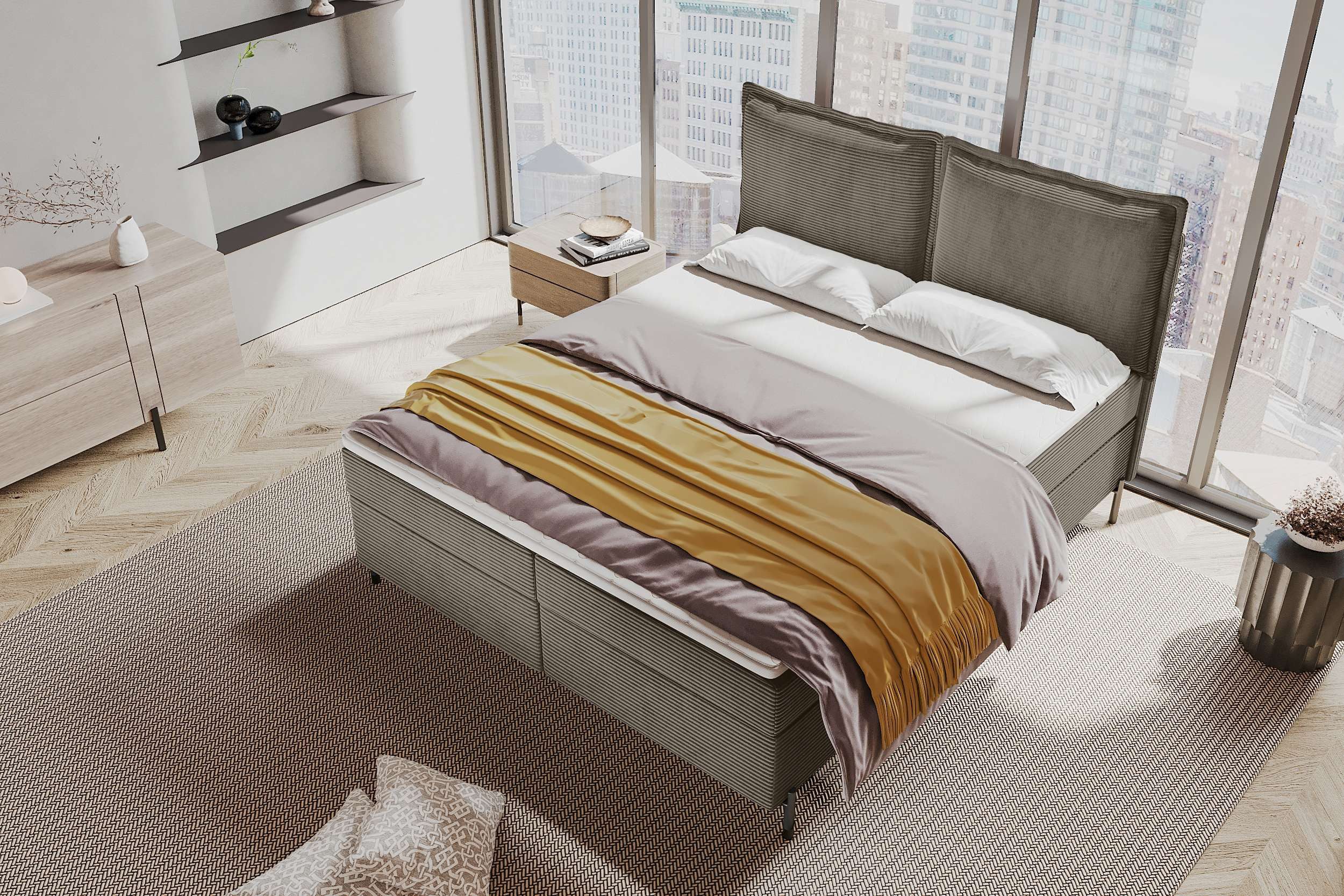 99rooms Boxspringbett Vero (Schlafzimmerbett, Bett), 140/160/180/200x200 cm, in Cord POSO, mit Topper, Bettkasten