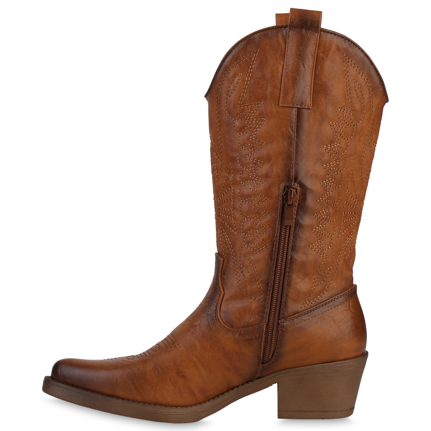 VAN HILL 840208 Cowboystiefel Damen Cowboystiefel Stiefel Stickereien Holzoptikabsatz