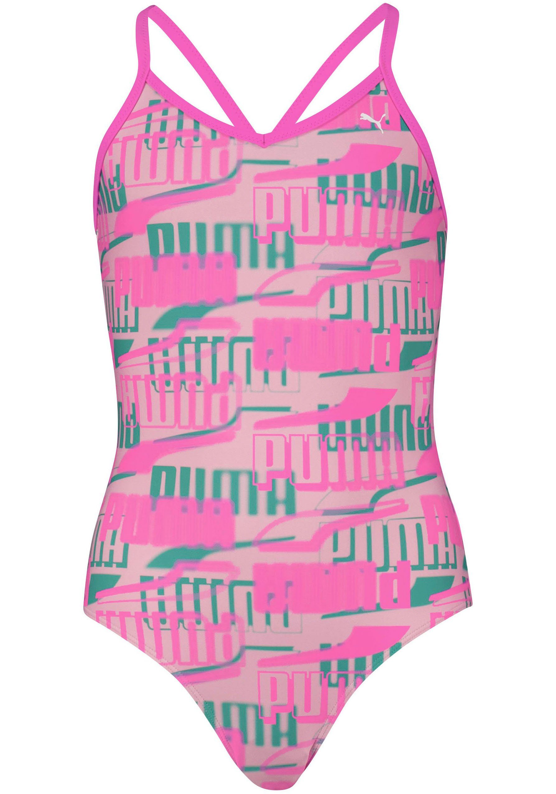PUMA Badeanzug Mädchen-Schwimmanzug mit allover Logoprint pink-combo