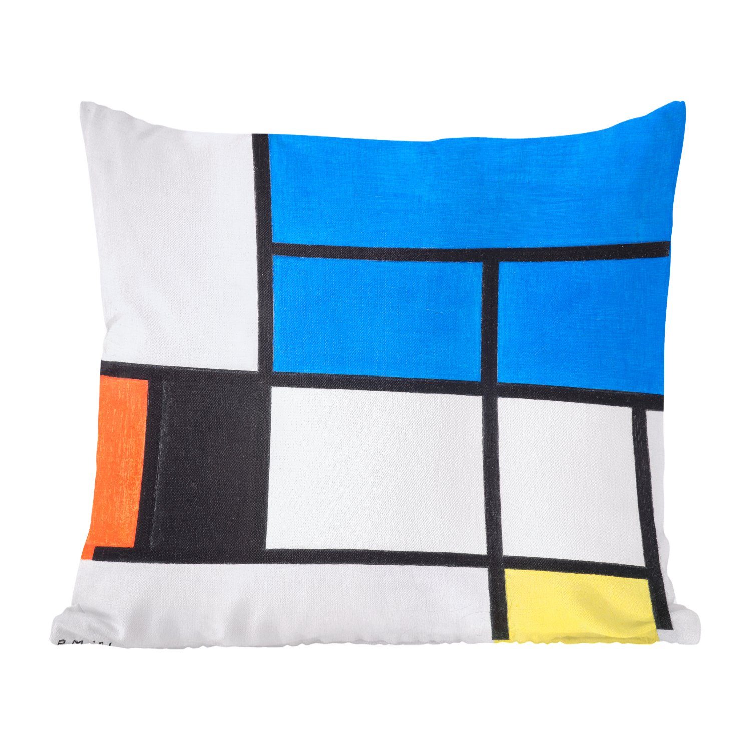 MuchoWow Dekokissen Deko, Gelb Schwarz, Grau Schlafzimmer, Komposition Wohzimmer, Mondrian, - mit Blau, mit Sofakissen Piet für Zierkissen Füllung Rot, und