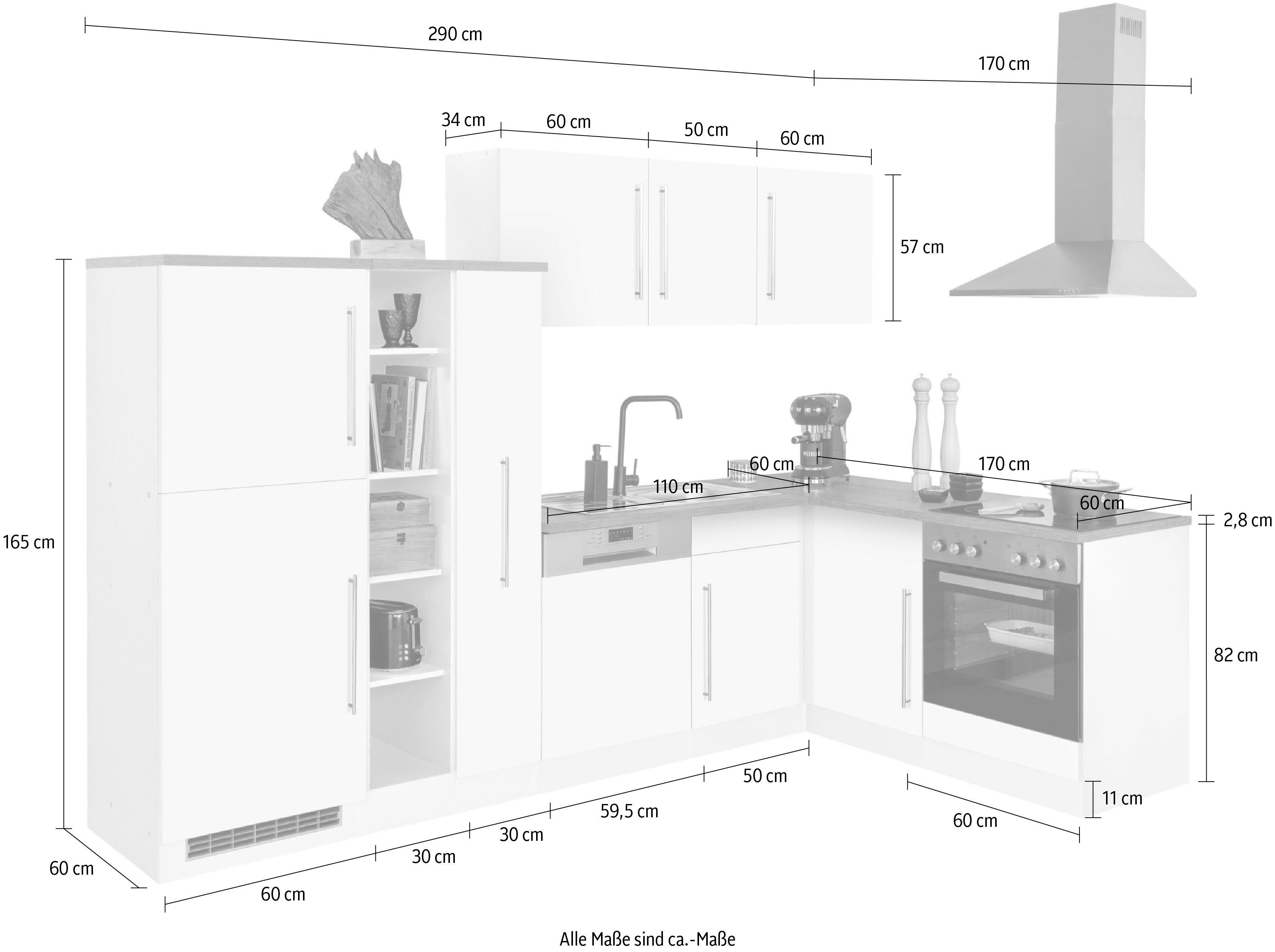 KOCHSTATION Winkelküche KS-Samos, Stellbreite 290x170 cm, wahlweise mit E-Geräten, mit Arbeitsplatte