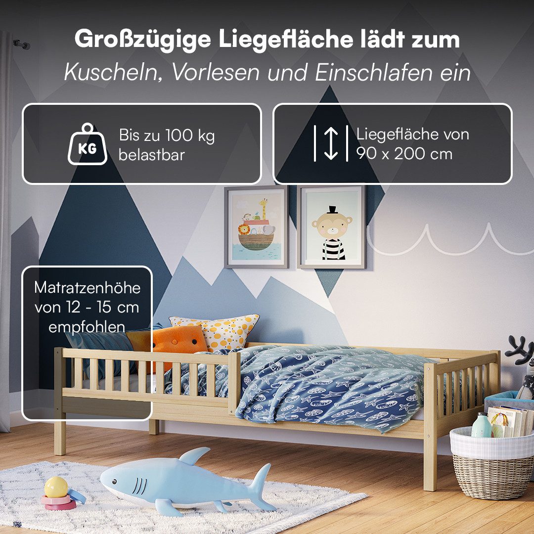 Bellabino Kinderbett Vils 90x200 cm mit Rausfallschutz, Lattenrost, Kiefer Massivholz (natur, optional mit Matratze) – Bild 4 von 5