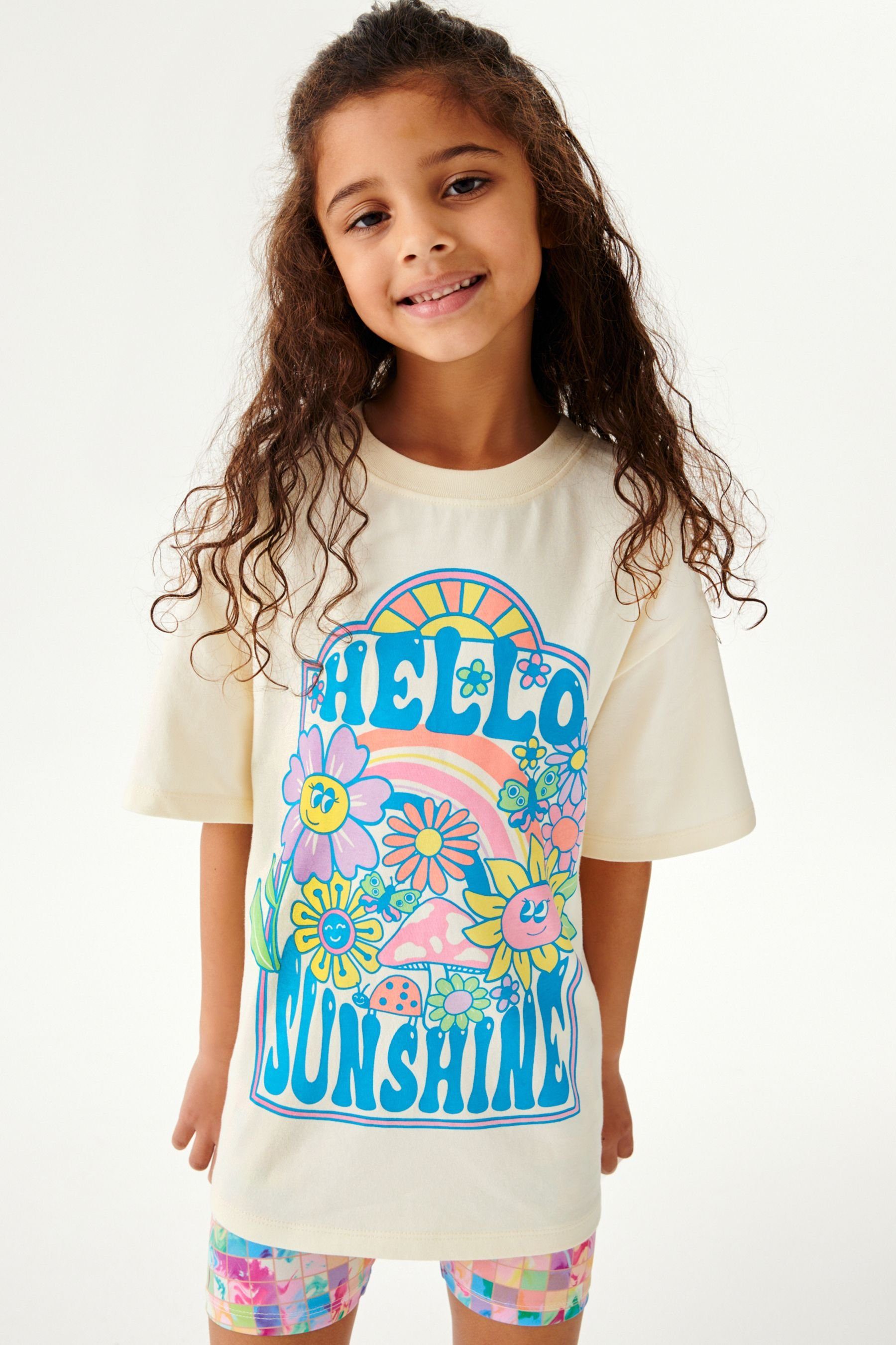 Next Shirt (2-tlg) Print im Set Cream/Pink und Radlershorts T-Shirt Ecru Floral Shorts &