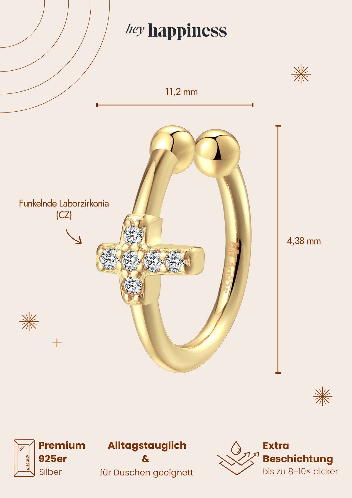 Hey Happiness Ohrklemme Mix und Match, aus 925 Silber vergoldet, Kreuz, Edelsteine oder Wellen Ohrring ohne Loch, Damen Ear Cuff