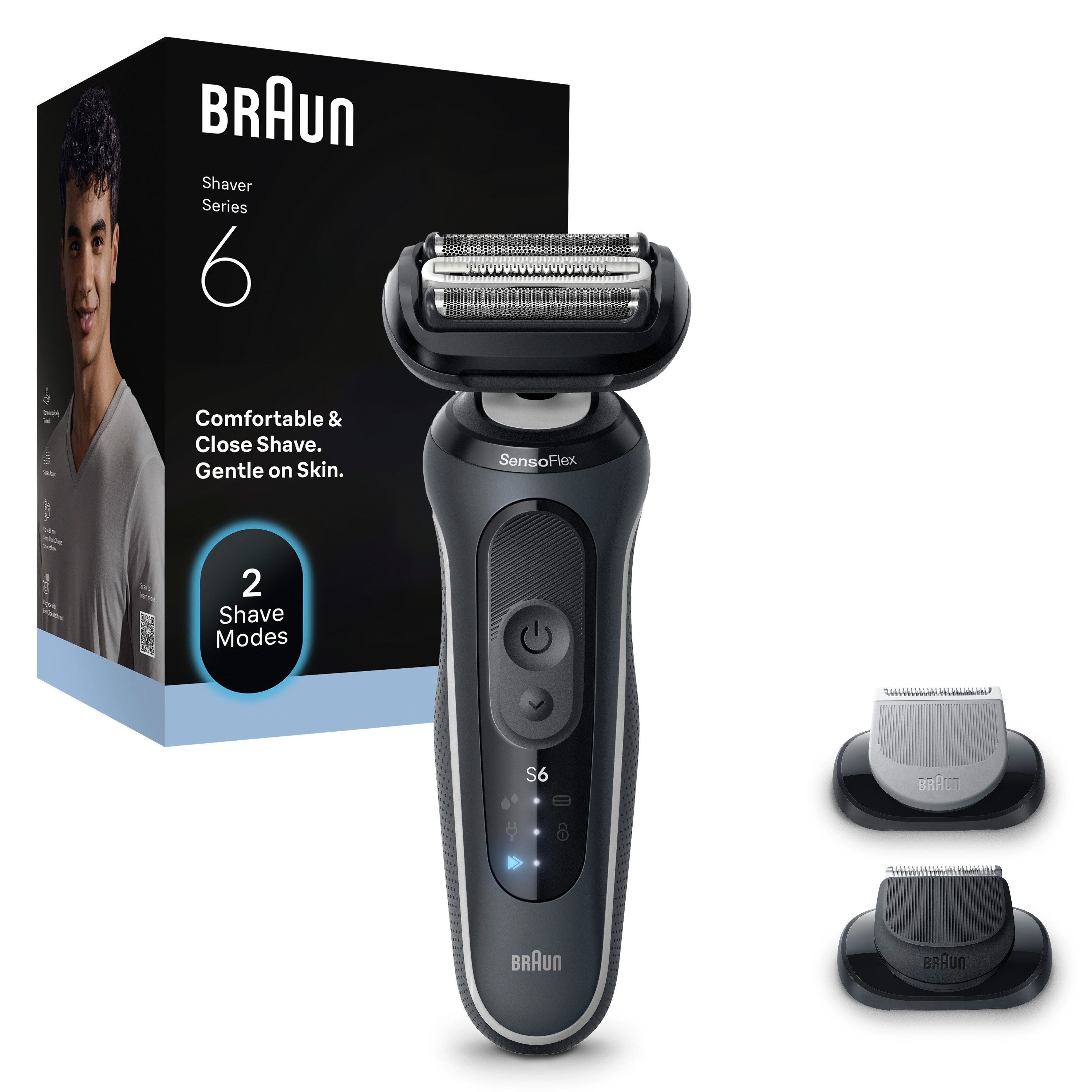 Braun Електробритва Series 6 62-G1650s, Aufsätze: 2, 100% wasserdicht, +2 Aufsätze, bis zu 60 Min Akku, Made in Germany