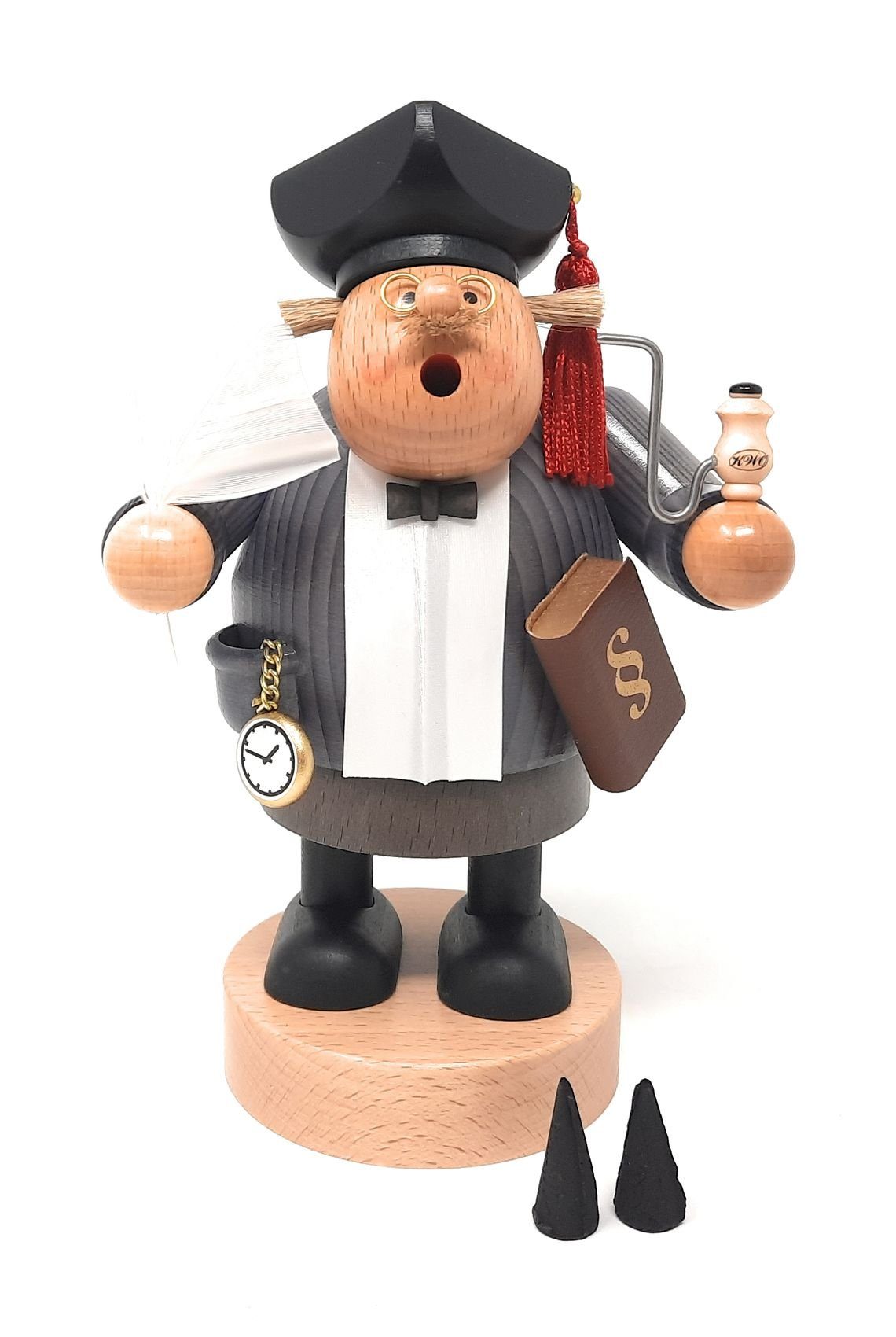 KWO Kunstgewerbe Werkstätten Räuchermännchen Räuchermännchen Advokat Anwalt inkl. 2 Räucherkerzen Holz 20 cm Holzkunst Weihnachtsdekoration Erzgebirge Räucherfigur, Original Erzgebirge