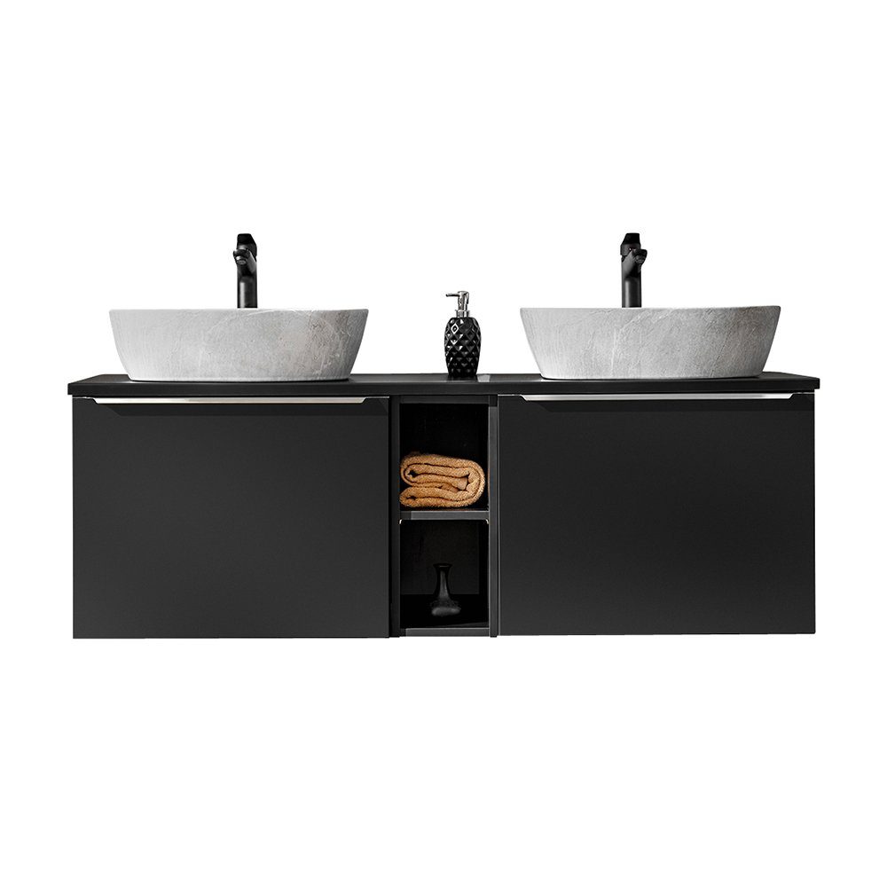 Lomadox Doppelwaschtisch PUEBLA-56-BLACK, 140cm, matt schwarz, günstig online kaufen