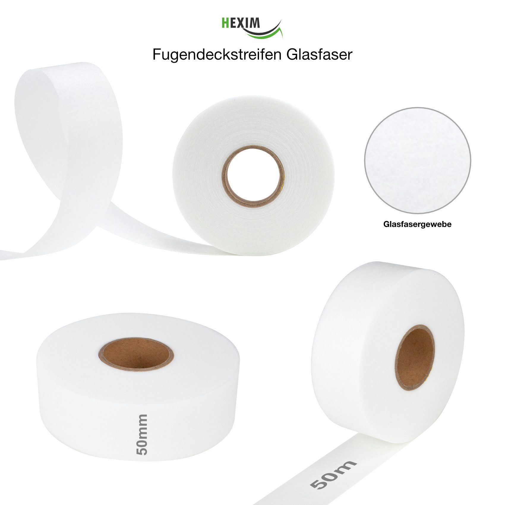 Hexim Glasfasergewebe, (Trockenbau, 50m Armierungsgewebe 160g/m², selbstklebendes Gewebeband 50mm, Fugendeckstreifen 50mm - Verfugen von Gipskarton (Fugendeckstreifen 50mm x 50m - 1 Rolle)