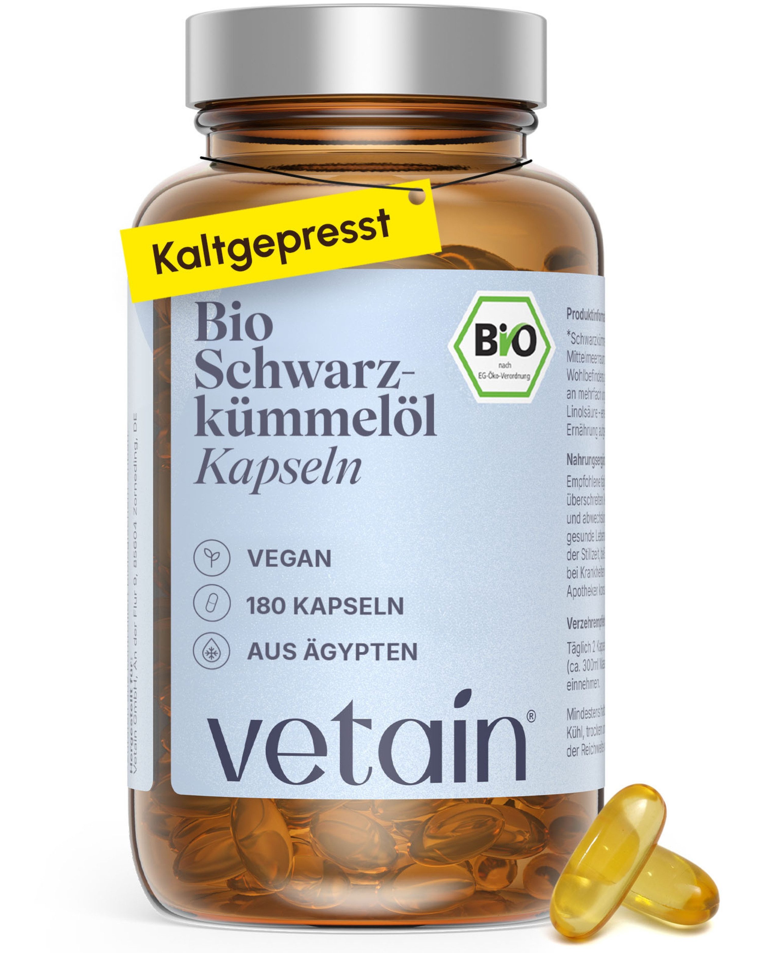 VETAIN Bio Schwarzkümmelöl Kapseln - 1000mg kaltgepresst - Nigella sativa Kapseln, 180 St., Kaltgepresst, rein pflanzlich, allergenfrei & ohne Zusätze