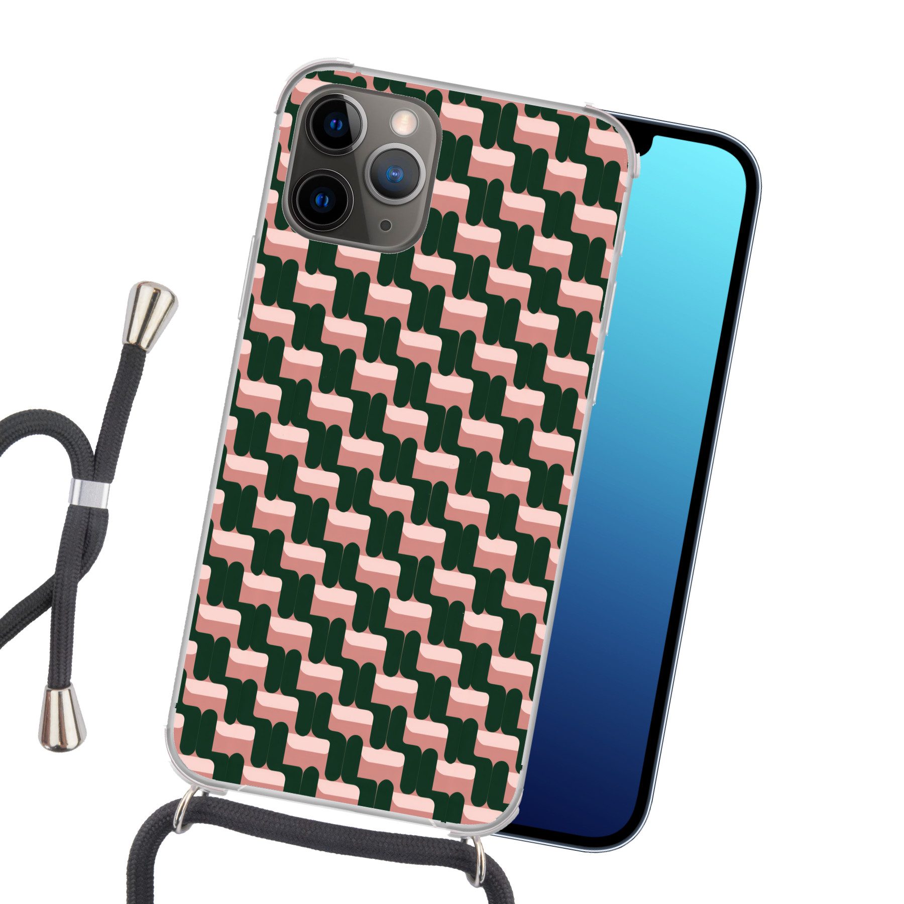 MuchoWow Handyhülle für Apple iPhone 13 Pro Max Zopfmuster - Grün - Rosa - Geometrisch, Tragbare Handyhüllen mit Kette zum umhängen, Handykette Handyband