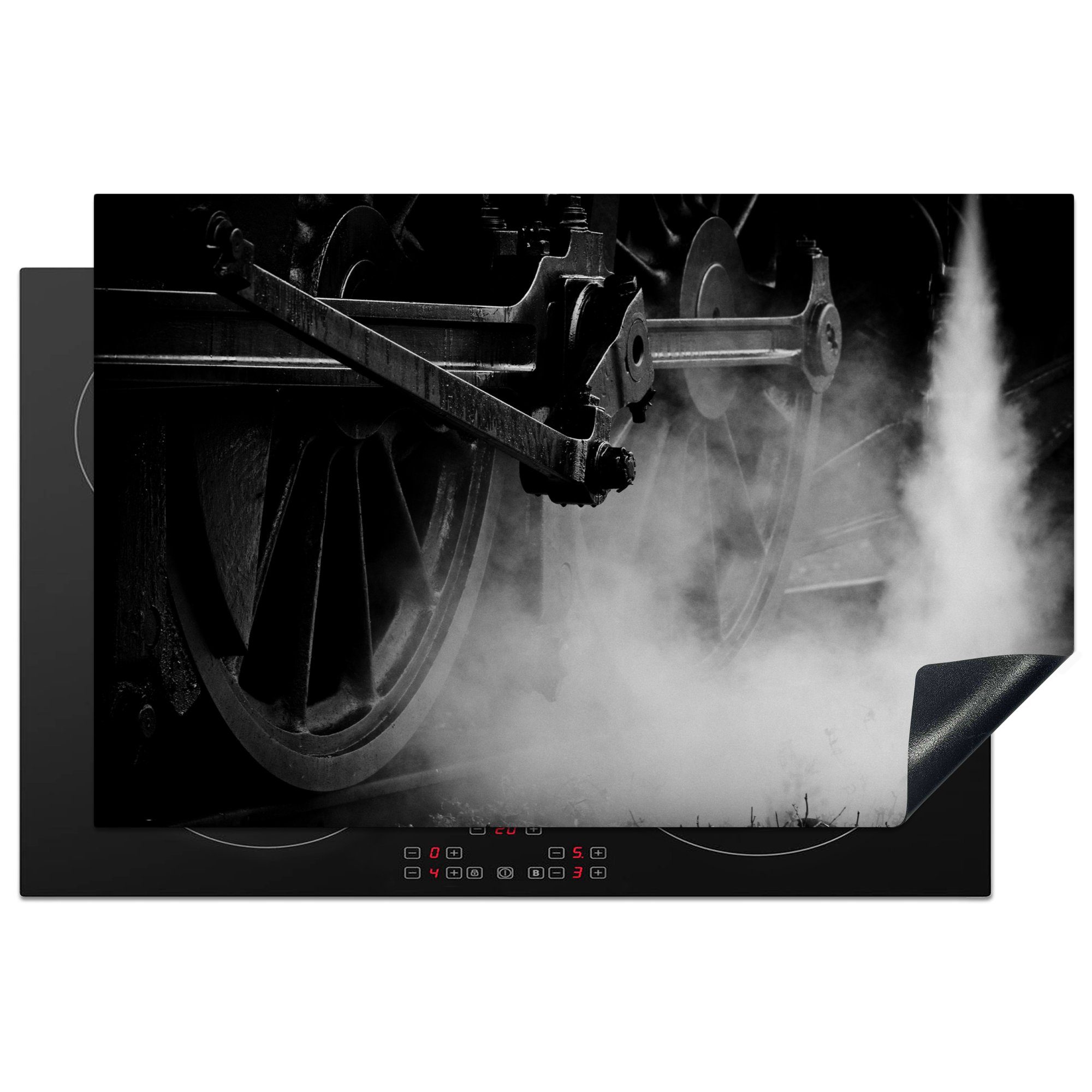 MuchoWow Herdblende-/Abdeckplatte Schwarz-Weiß-Fotografie eines Dampfzuges, Vinyl, (1 tlg), 81x52 cm, Induktionskochfeld Schutz für die küche, Ceranfeldabdeckung