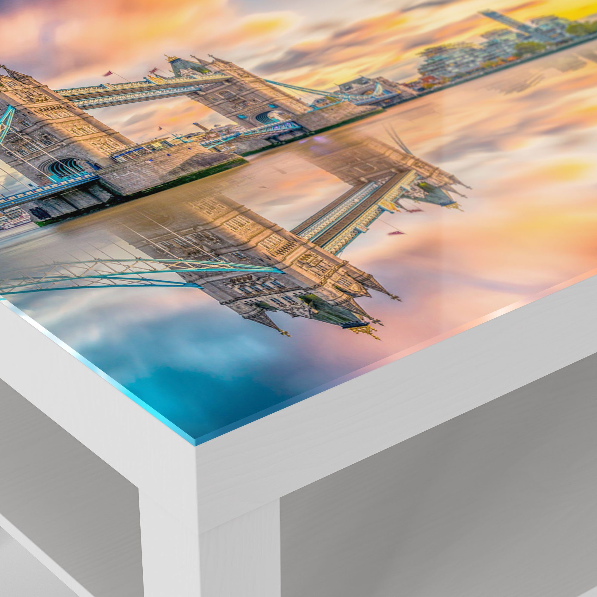 DEQORI Couchtisch 'Tower Bridge und modern Beistelltisch Weiß Glastisch Themse', Glas