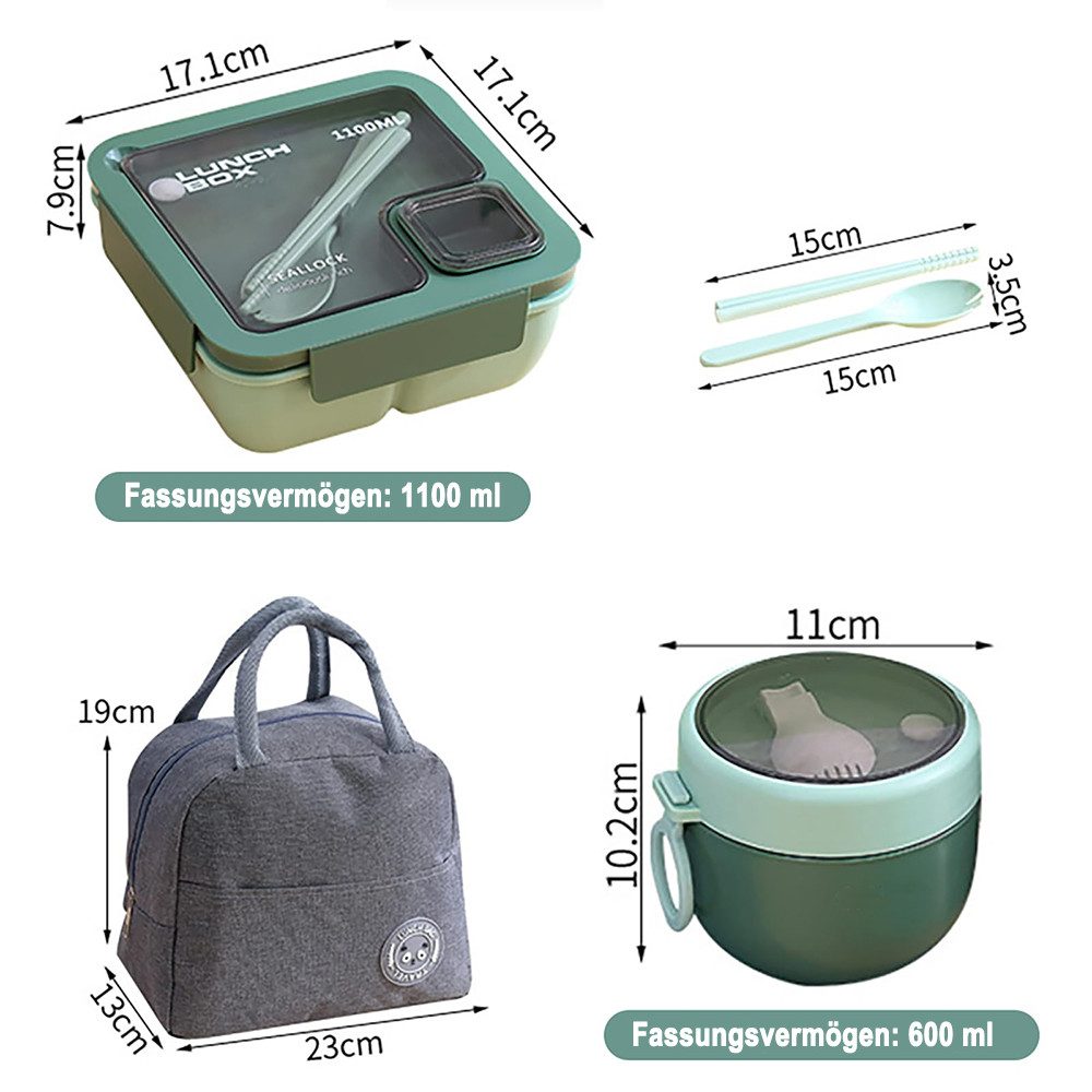 Agger Lunchbox Lunchbox mit Fächern Bento Box Auslaufsicher,mit Tasche und Besteck, (3-tlg., 3er-set), 1100 ml Bento-Lunchbox mit Tasche und Besteck, Mahlzeitenbox