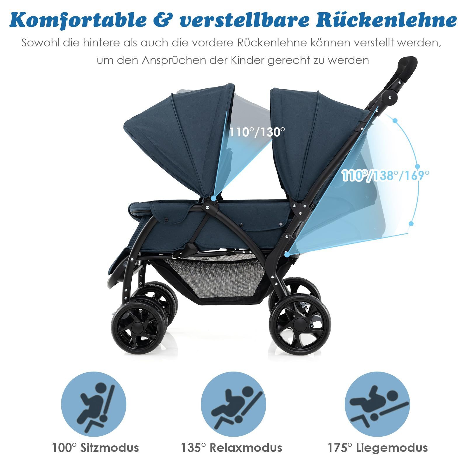 COSTWAY Geschwisterwagen Zwillingsbuggy, mit 5-Punkt Gurt & Einkaufskorb