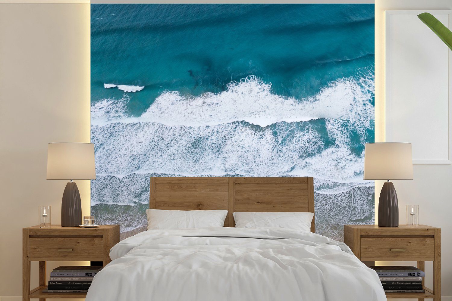 MuchoWow Fototapete Strand - Meer - Wasser - Blau, Matt, bedruckt, (5 St), Vinyl Tapete für Wohnzimmer oder Schlafzimmer, Wandtapete