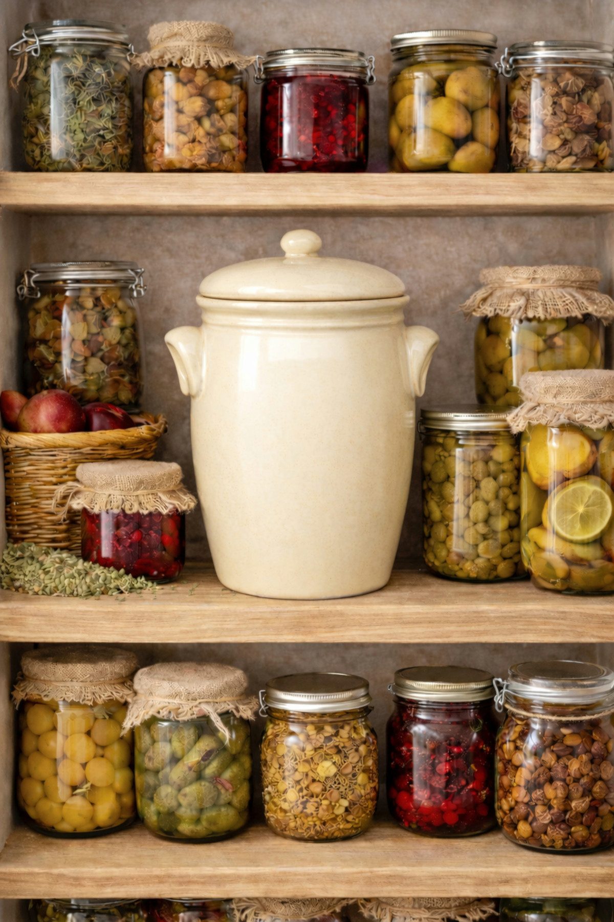 KERAZO Fermentationsglas 5L Rumtopf Einlegetopf Keramiktopf Mehrzwecktopf aus Steinzeug, beige, Keramik, Keramiktopf mit Henkel und Deckel – Bild 4 von 5